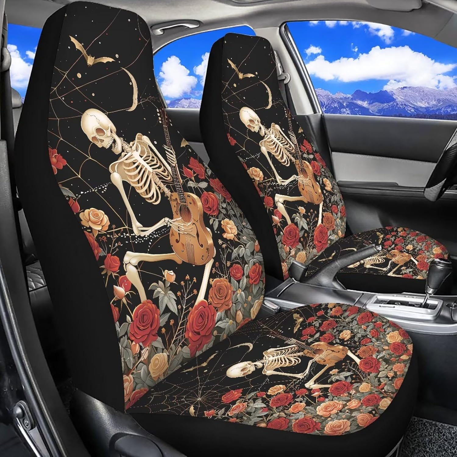 Bulopur Human Skeleton Car Seat Covers Set Non-Slip Breathable 2 Piece Car Seat Covers Front Seats Only Universal Vehicle Accessories for Halloween Decor