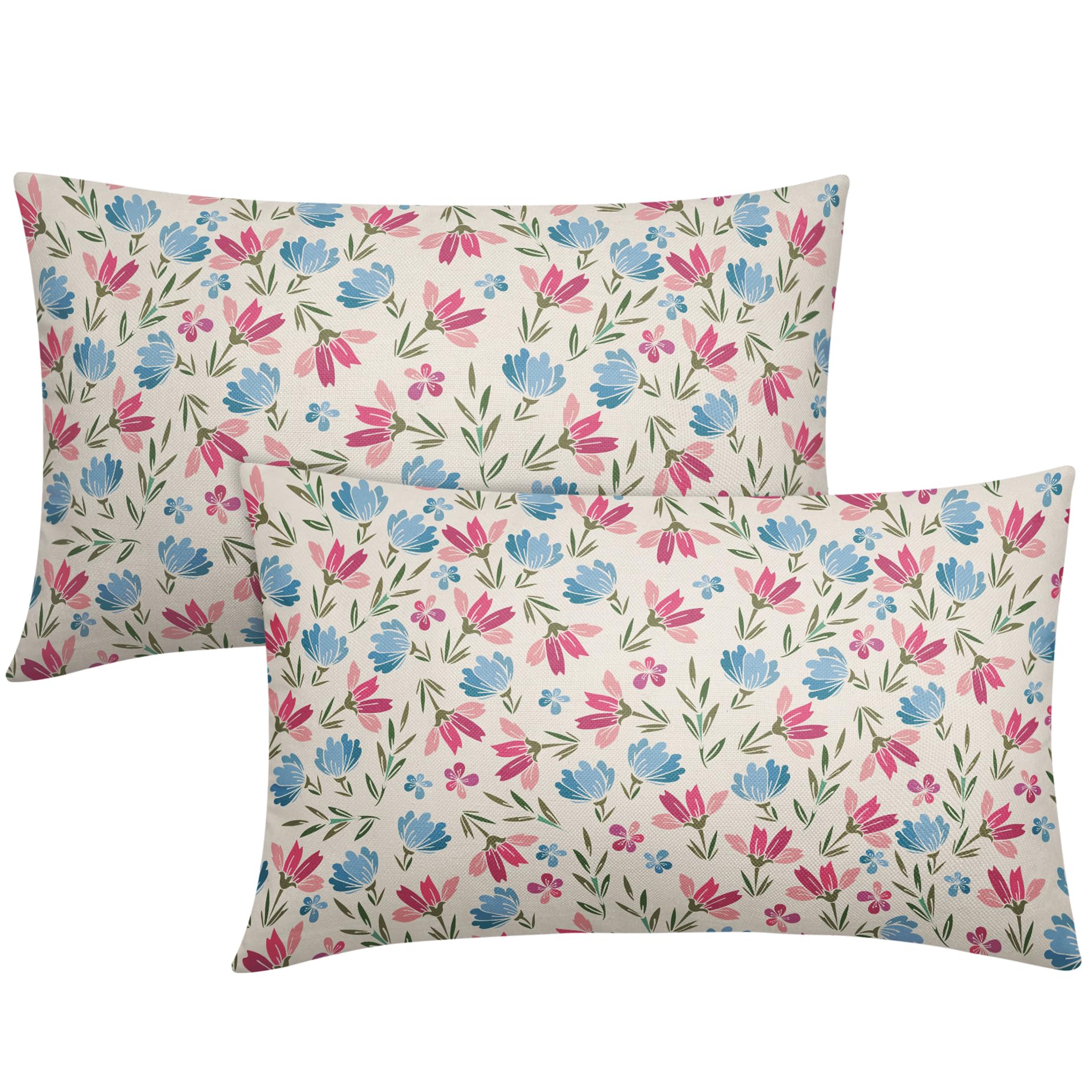 Easter Pink Blue Floral Pillow Covers 12x20 Set of 2 Spring Vintage Rustic Old Style Cute Flower Cream Print Decorative Outdoor Pillowcases Farmhouse
