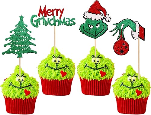 Miniatura 8 de 24 piezas de decoración para cupcakes con temática de Grinchmas Grinch rojo y verde con purpurina para árbol de Navidad para árbol de Navidad con