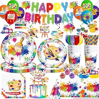 200pcs Paint Party Decorations for Kids and Art Lovers, Convenient Disposable Paper Tableware Set Includes 300gsm Plates and 2 PE Plastic Tablecloths for Paint Party and Celebration