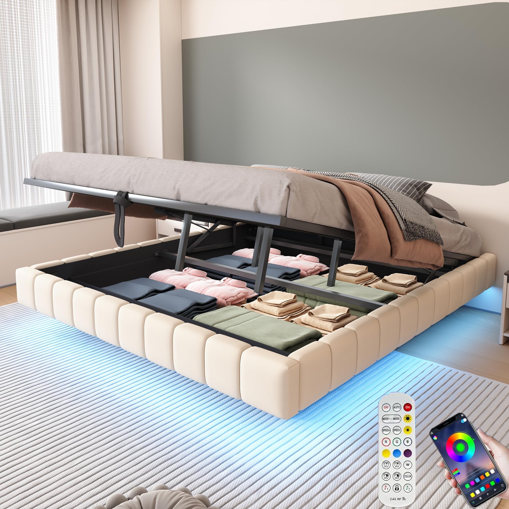 Zepneiy Lit 180x200 avec Sommier LED et hydrolique, Lit Double Rembourré 180x200 avec Espace de Rangement et sans tête de, Cadre de en Lin Beige (sans Matelas)