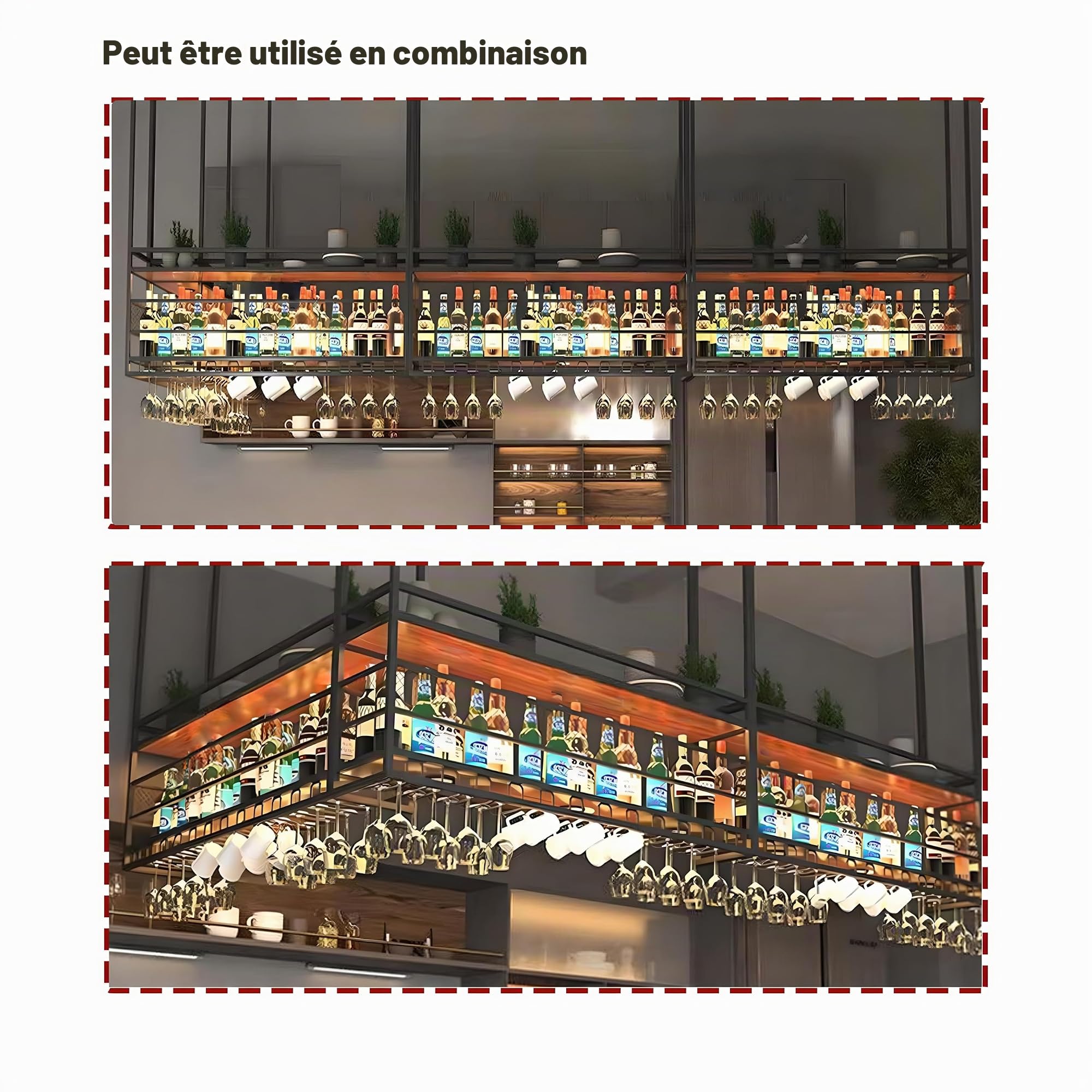 Plafond Bouteilles Suspendu,Porte-Verres à vin Suspendu en métal， Porte-Verres à vin Suspendu à 2 Niveaux, pour Bar, Restaurant, café et Cuisine (Or, 100cm) | Comprend un support pour verres, pour la cuisine et les bars, affichage et rangement