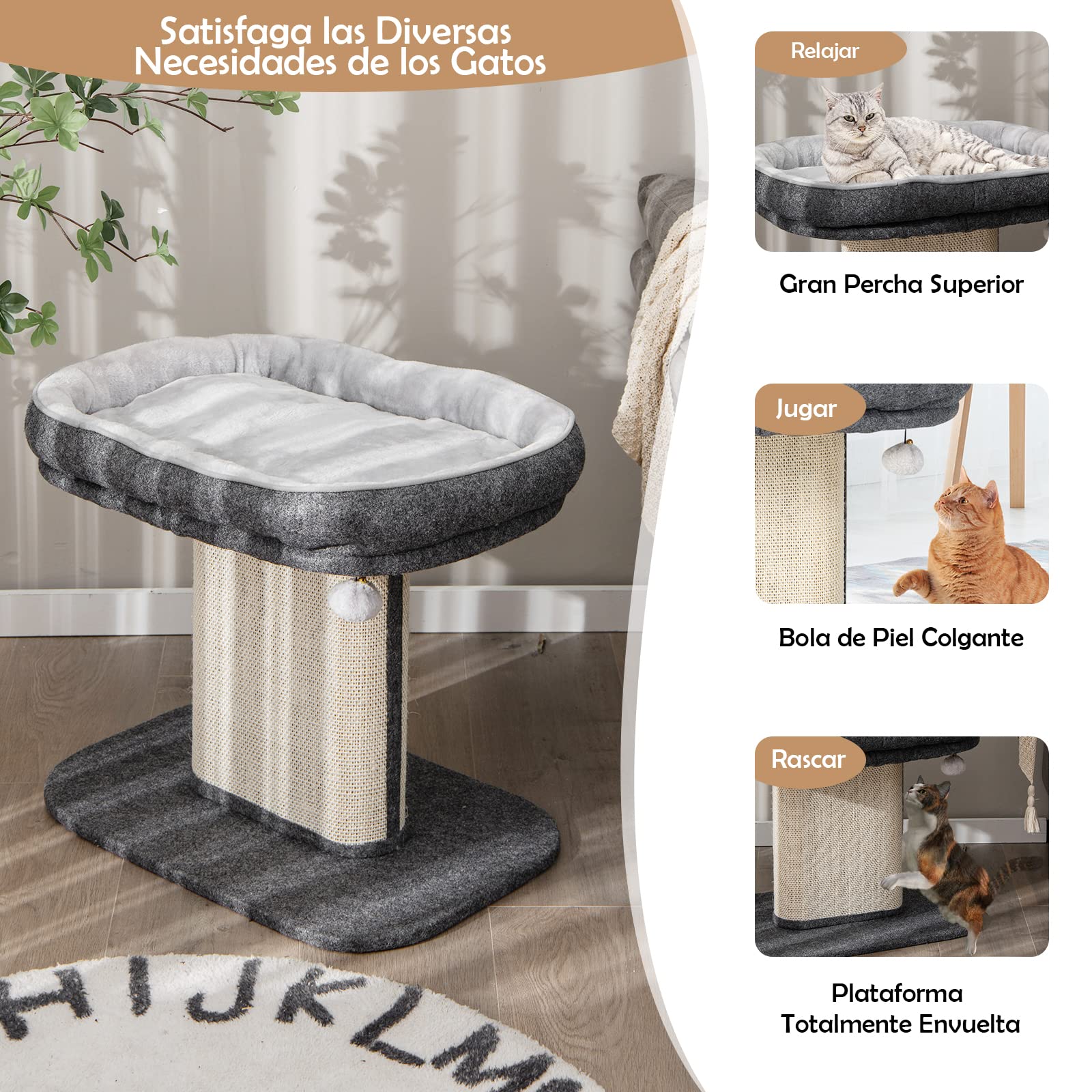 COSTWAY Árbol Rascador Pequeño para Gatos, 59 x 39 x 50 cm, Torre de Actividades para Gatitos con Poste Rascador de Sisal y Almoadilla de Felpa, Bola, Cama Rascador para Gatos con Cojín Suave (Gris)