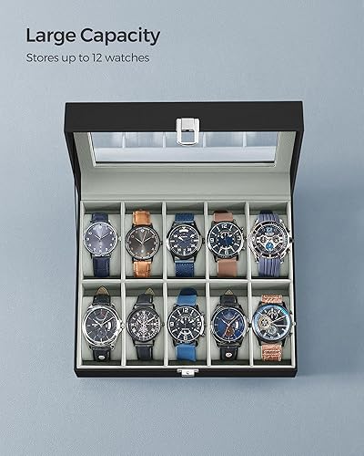 Miniatura 5 de SONGMICS Caja de reloj, caja de reloj de 10 ranuras con tapa de vidrio grande, almohadas extraíbles para reloj, organizador de caja de reloj, regalo