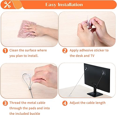 Vista 5 de Paquete de 8 correas de seguridad de acero inoxidable ajustables para TV de 40 pulgadas, anclaje adhesivo anti-punta para muebles para pantalla