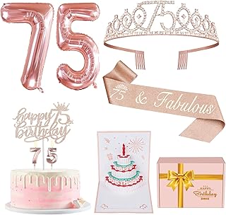 75th Birthday Decorations For Women, Include 75th Birthday Sash and Tiara, Birthday Cake TopperÂ and Number 75Â Candles, 75 Balloons, 3D Birthday Card, 75thÂ Birthday Gifts Women