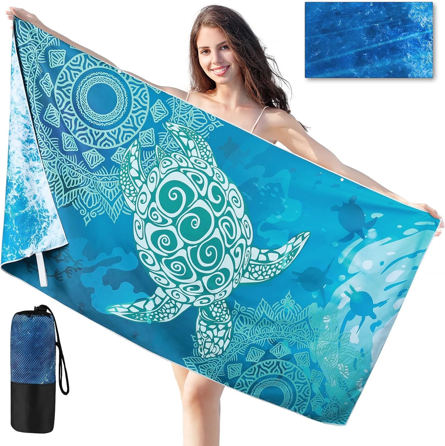 JINGTOPS Serviette Plage XXL Avec Sac 90x180 Serviette De Bain Microfibre Tortues De Mer Méduses Séchage Rapide, Couverture Absorbante (Tortue 180X90