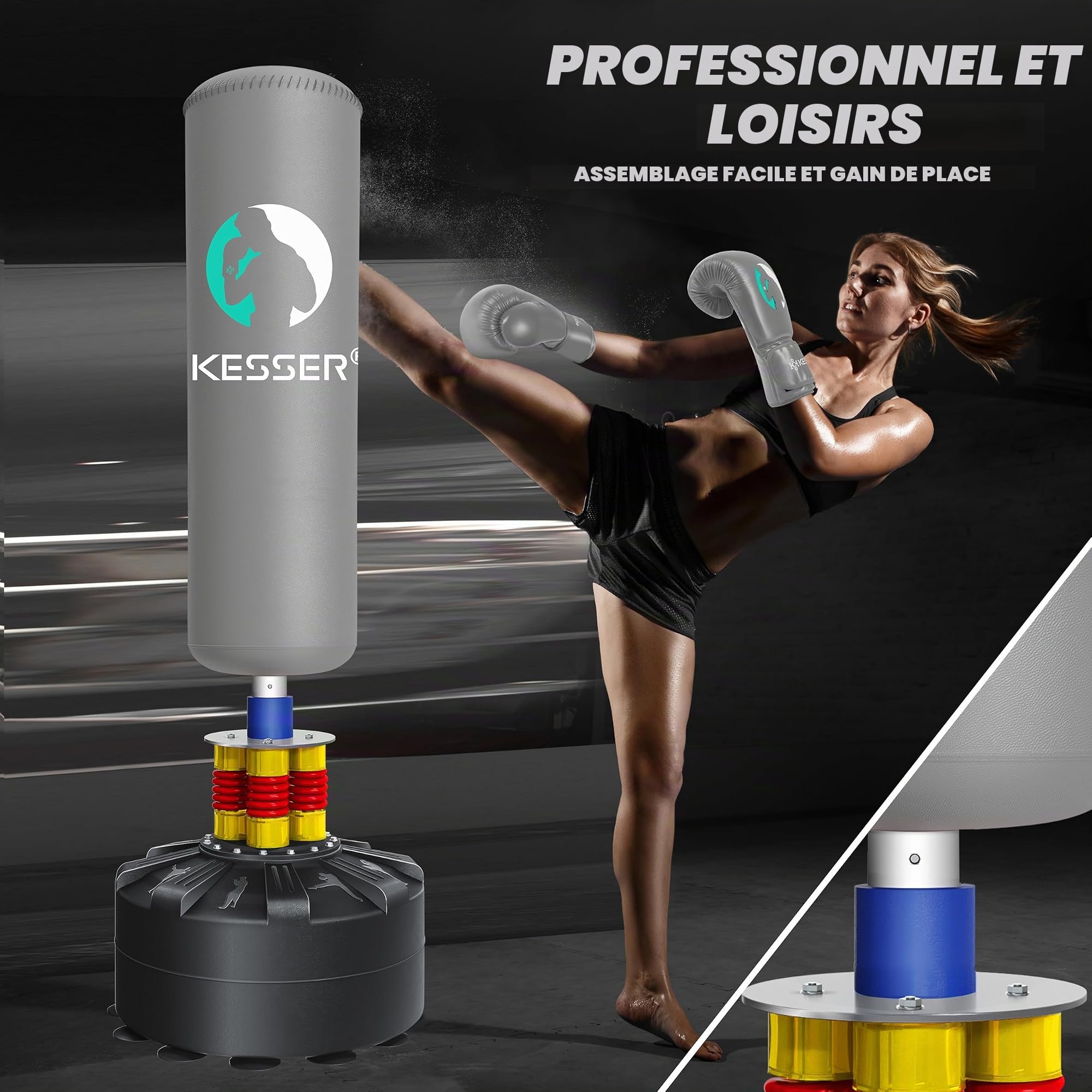 KESSER® Sac de Frappe Debout pour Adulte avec Gants de Boxe + Corde à Sauter, Sac de Frappe sur Pied, Sac de Frappe sur Pied, MMA Boxpartner Boxpartner Boxing Trainer Fitness Sac de Frappe avec