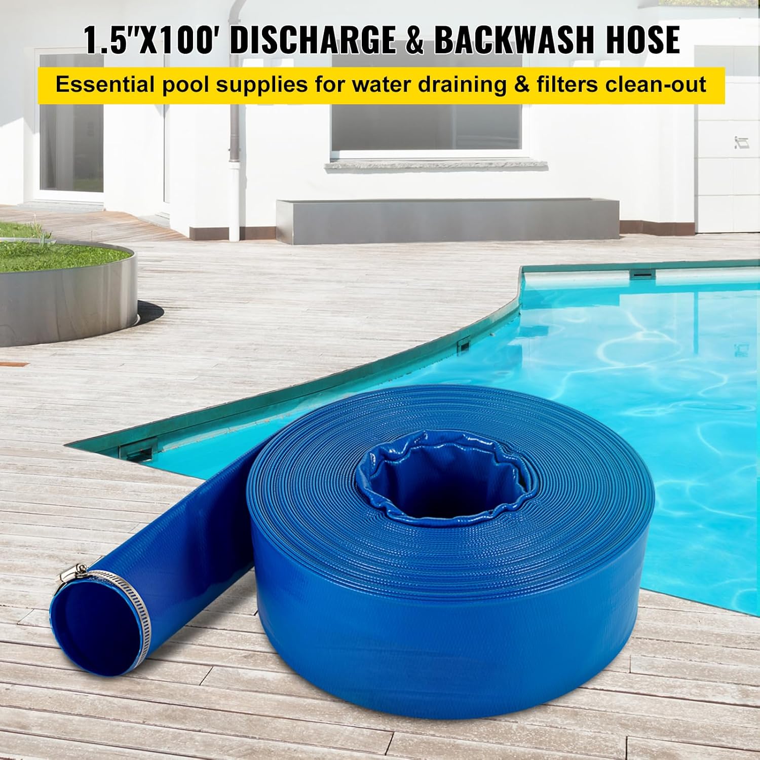 VEVOR 1.5-inch discharge hose connected to a pool filter, draining water beside a swimming pool on a wooden deck.