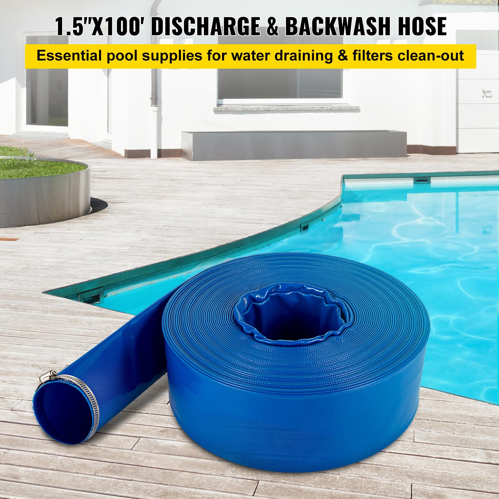 VEVOR Tuyau de décharge 38 mm x 30,5 m tuyau plat tissu PVC, tuyau de vidange robuste avec colliers de serrage, résistant aux intempéries et à l'éclatement pour la piscine et le transfert d'eau, bleu