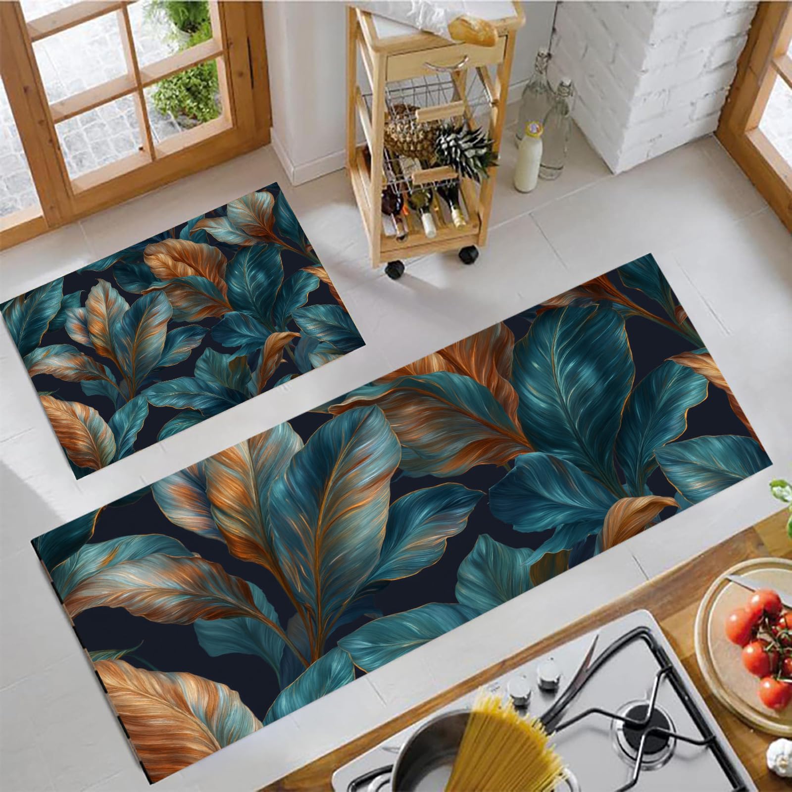 Alfombras de cocina lavables y antifatiga de 50×80 y 50×120 cm con diseño de hojas de plátano