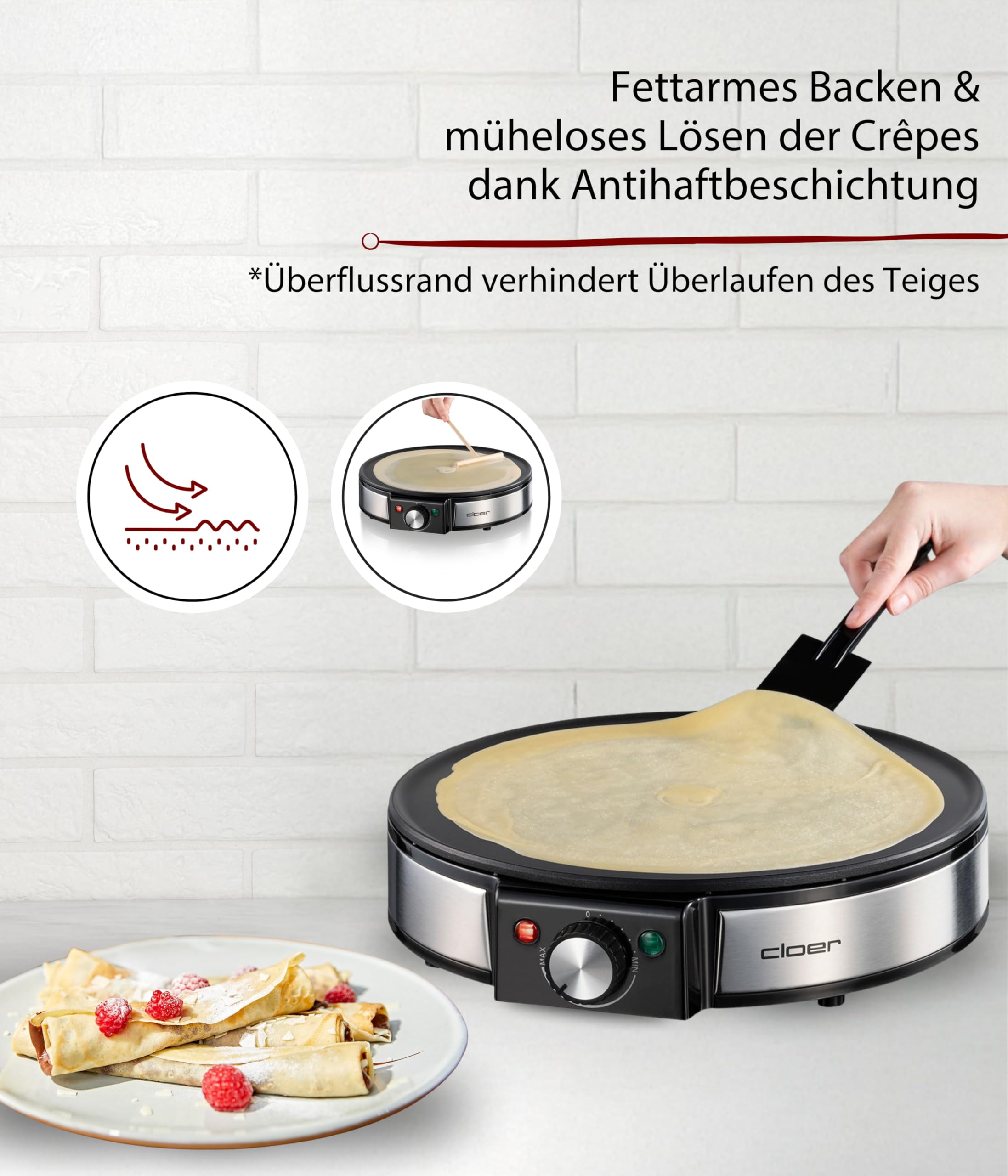 Cloer 6630 Crêpes-Maker für hauchdünne Crêpes, 30 cm Durchmesser, inkl. Teigverteiler und Wender, Crêpes-Platte mit Antihaftbeschichtung und stufenloser Temperaturkontrolle, 1200 W