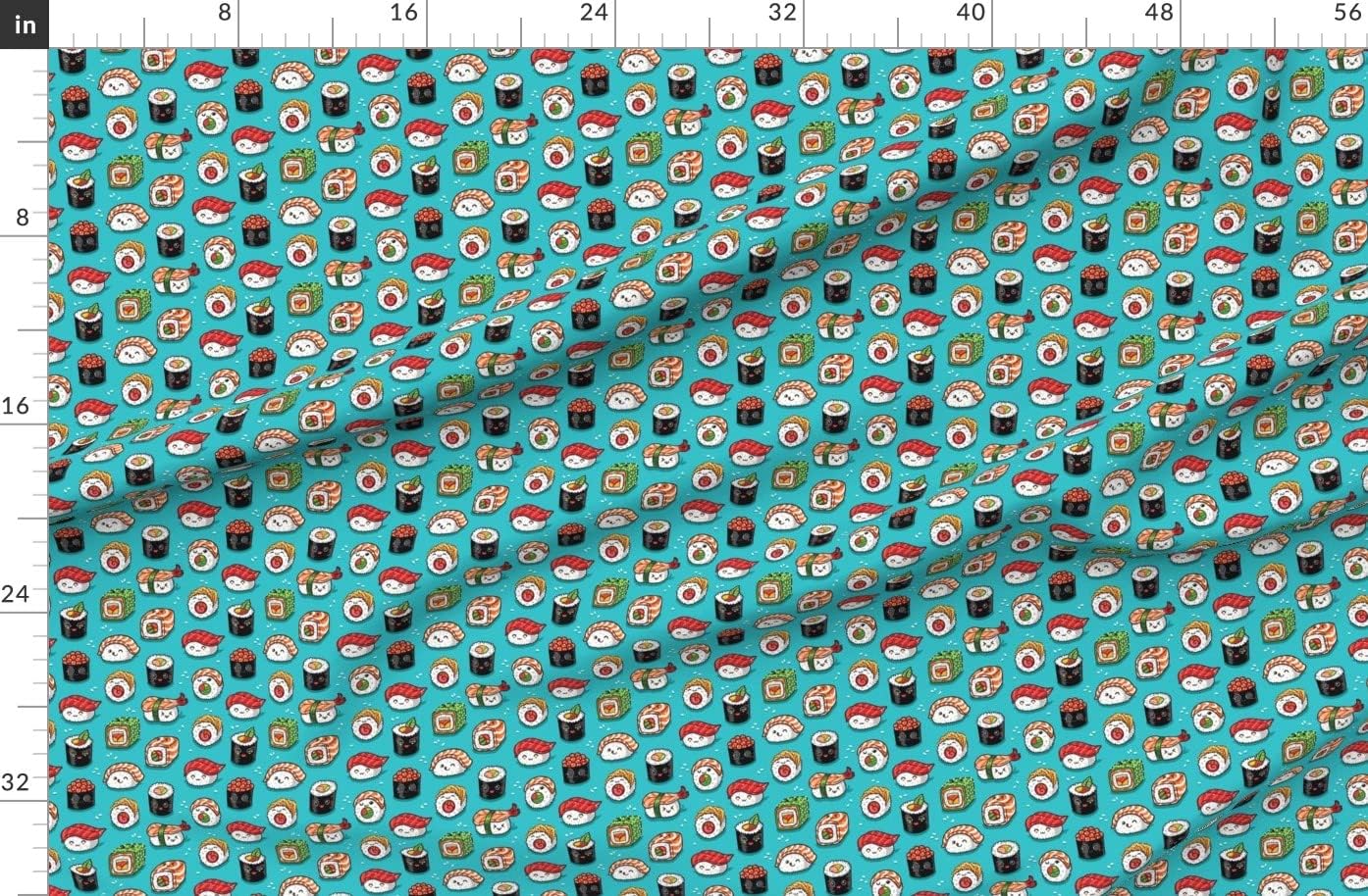 Spoonflower Fabric - Kawaii, Cute, Sushi, Food Print, Japanese, Aqua Blue, Fish, Cartoon Printed on Organic Cotton Sateen Fabric by The Yard - Sewing Quilting Apparel Home Decor
