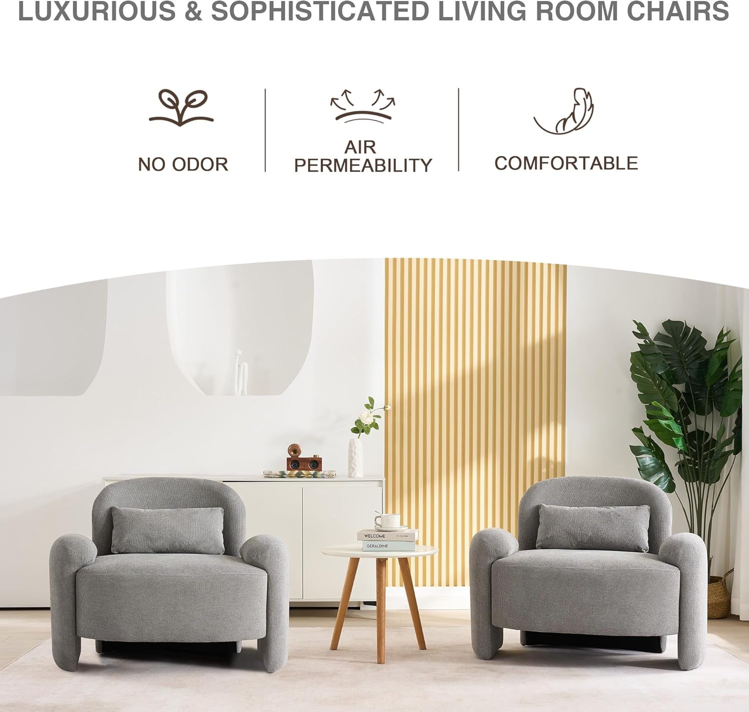 Oversized Linen Fabric Accent Chair, Upholstered Lounge Armchair with Lumbar Pillow, Modern Comfy Reading Single Sofa Chair for Living Room, Bedroom, Corner, Grey