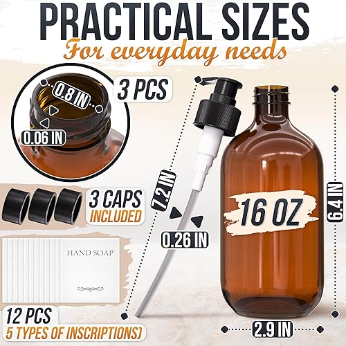 Miniatura 2 de Dispensador de jabón de plástico ámbar con bomba, juego de 3 botellas recargables de champú y acondicionador de 16 onzas, duradero y reutilizable