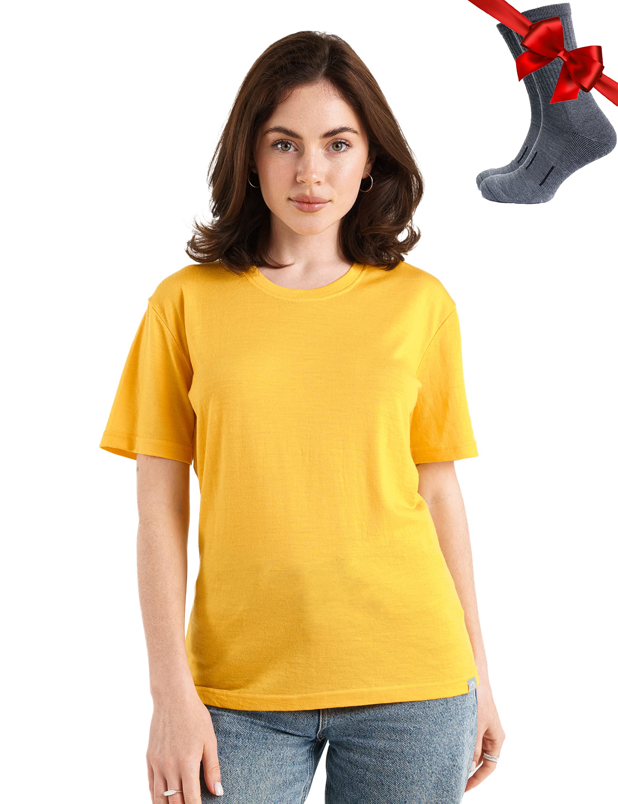 T-Shirt Merinos Femme pour Activités De Plein Air en Laine Mérinos avec Chaussettes (Medium, Gold Crewneck)