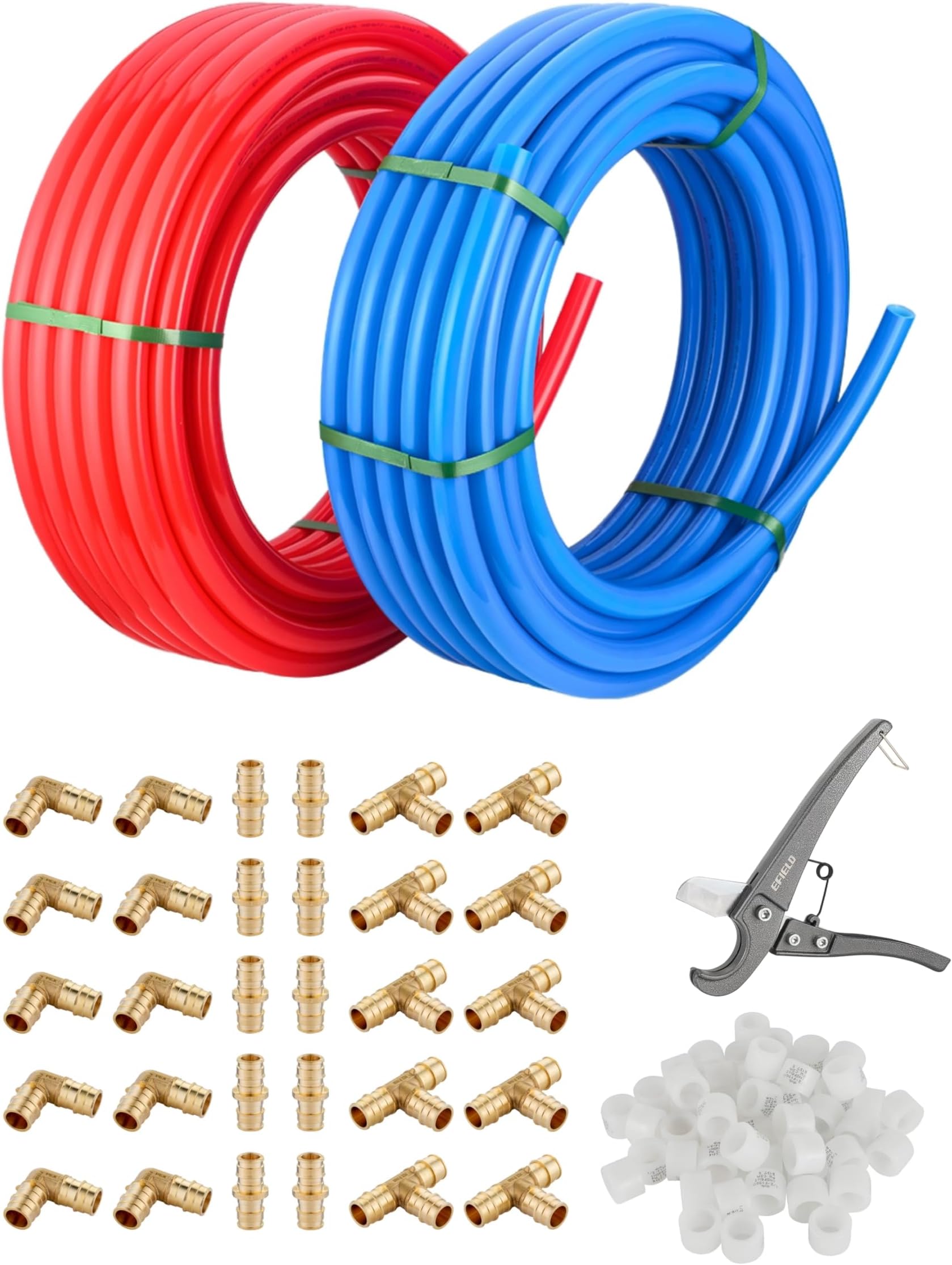 EFIELD 1/2-inch Pex-A Tubing/Pipe 2 x100 ft Red & Blue (200 ft), 30 PCS 1/2" Brass Expansion Fittings - Elbow, Tee, Coupler, 1/2' Expansion Rings (100 Pcs), Pipe Cutter (1/2-inch)