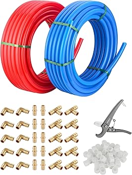 EFIELD 1/2-inch 2 x100 ft Pex-A Tubing/PipeAll in One Red & Blue 200 ft, 30 PCS 1/2" Brass Expansion pex Fittings- Elbow Tee Coupler 30 PCS, Expansion Rings 100 Pcs, Pipe Cutter,XRB1960