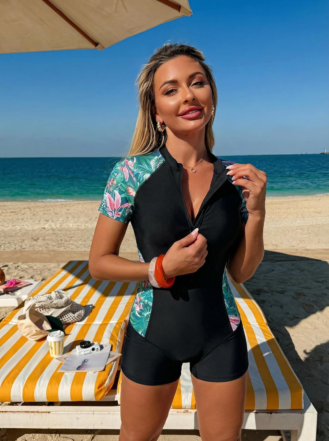 ZAFUL Women's Short Sleeves Rash Guard Boyleg One Piece Swimsuit Zipper Surfing Bathing Suit UPF 50+