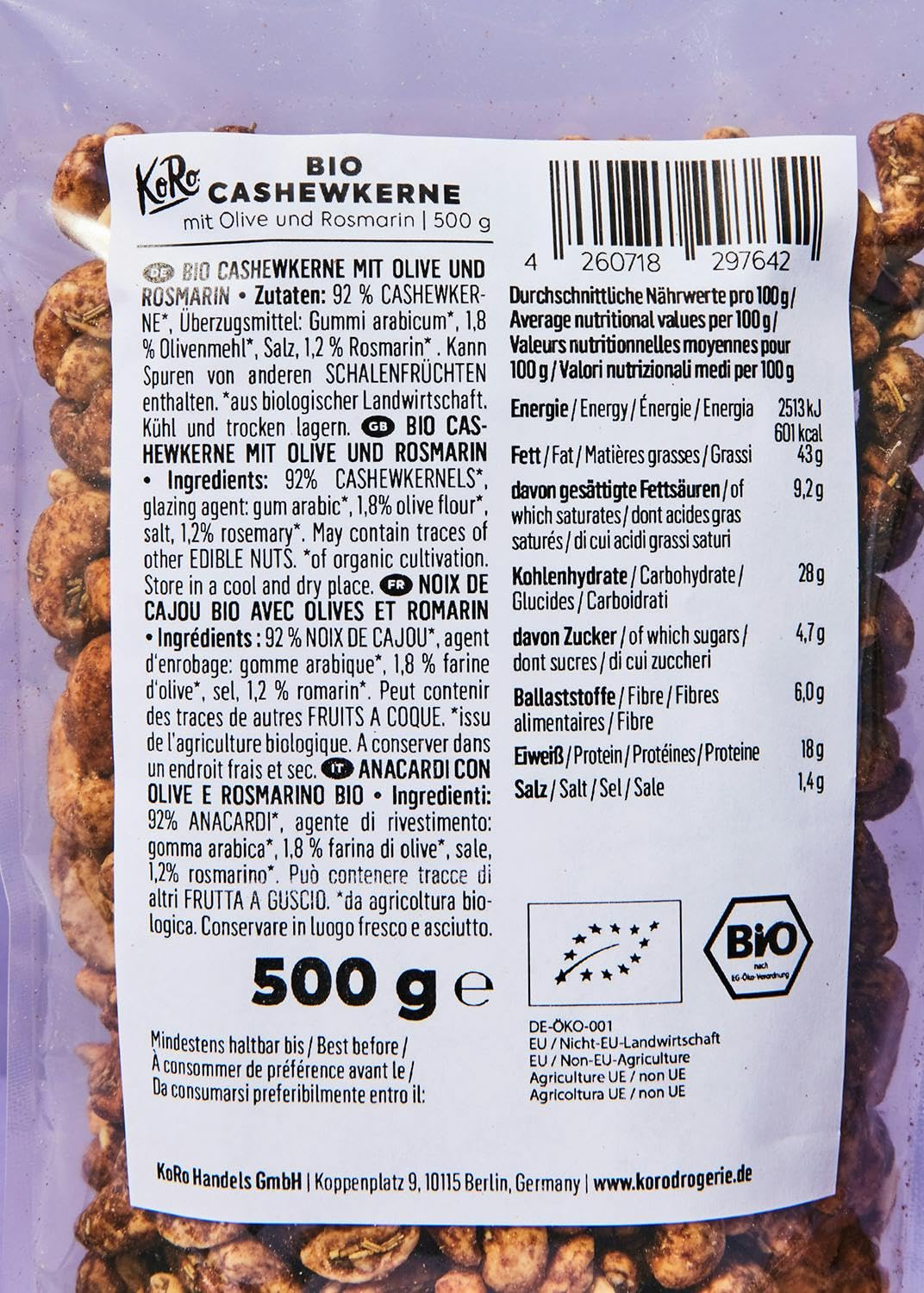 KoRo - Anacardi con olive e rosmarino bio 500 g - frutta secca aromatizzata con erbe - come snack o nelle insalate - da agricoltura biologica e vegan