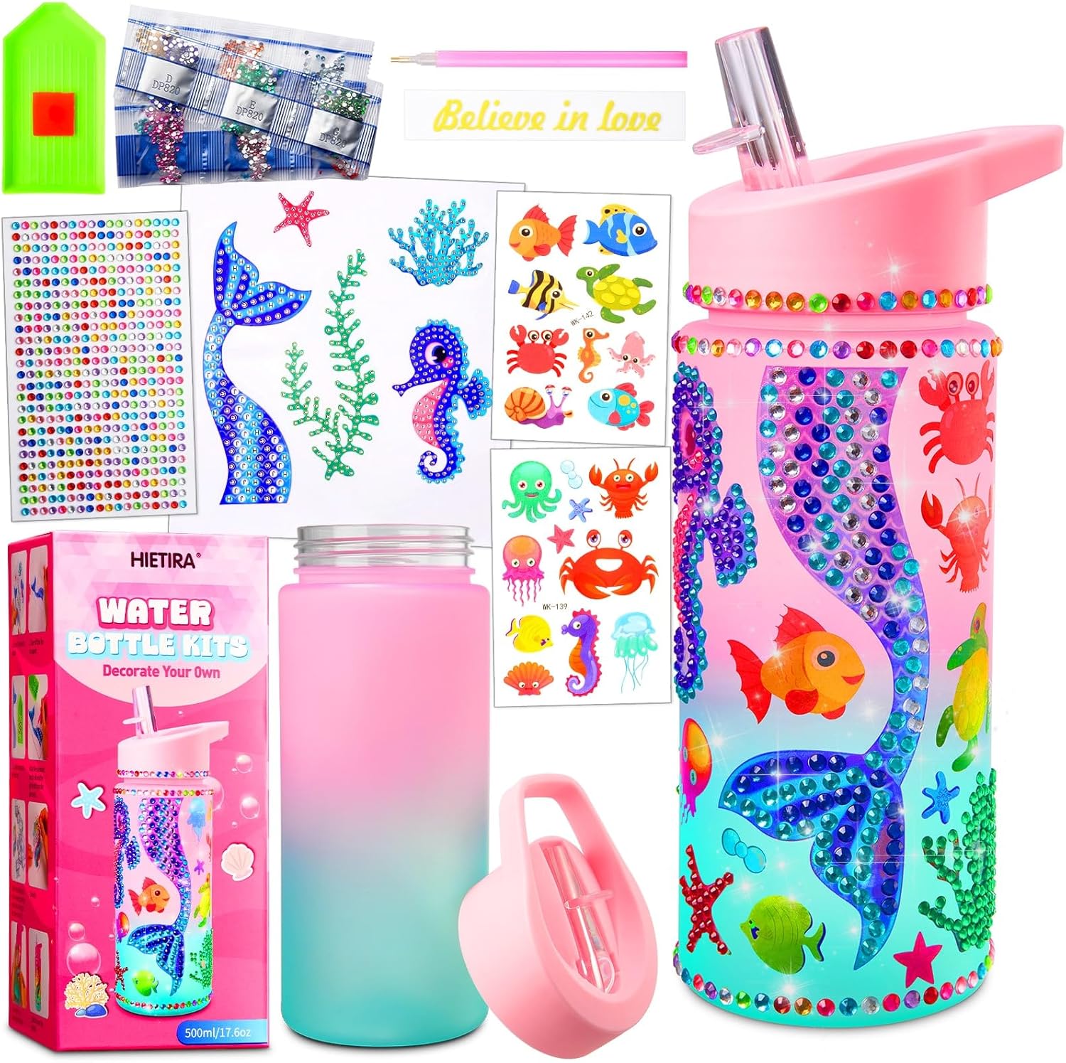HIETIRA Decorate Your Own Water Bottle Kits for Girls – 4 5 6 7 8 Year Old Girl Gifts 4 5 6 7 8 9 Year Old Girl Birthday Gifts DIY Arts and Crafts for Kids Ages 6-8 Girls Mermaid Toys