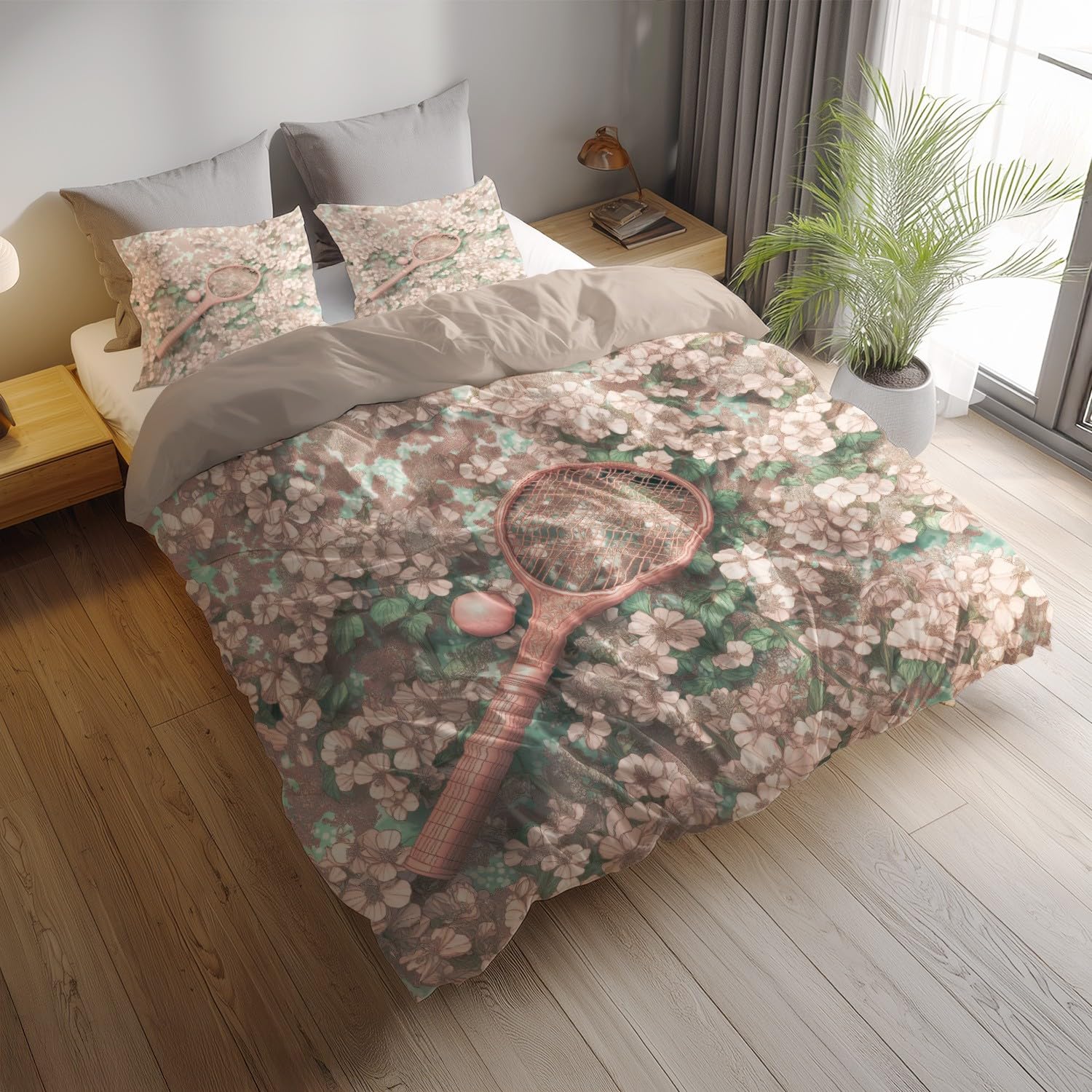Miękka pościel King Size 229 x 221 cm – różowo-zielone kwiaty vintage rakieta tenisowa poszewka na kołdrę, dwustronna poszewka na kołdrę i 2 poszewki na poduszki, ultramiękki i oddychający zestaw