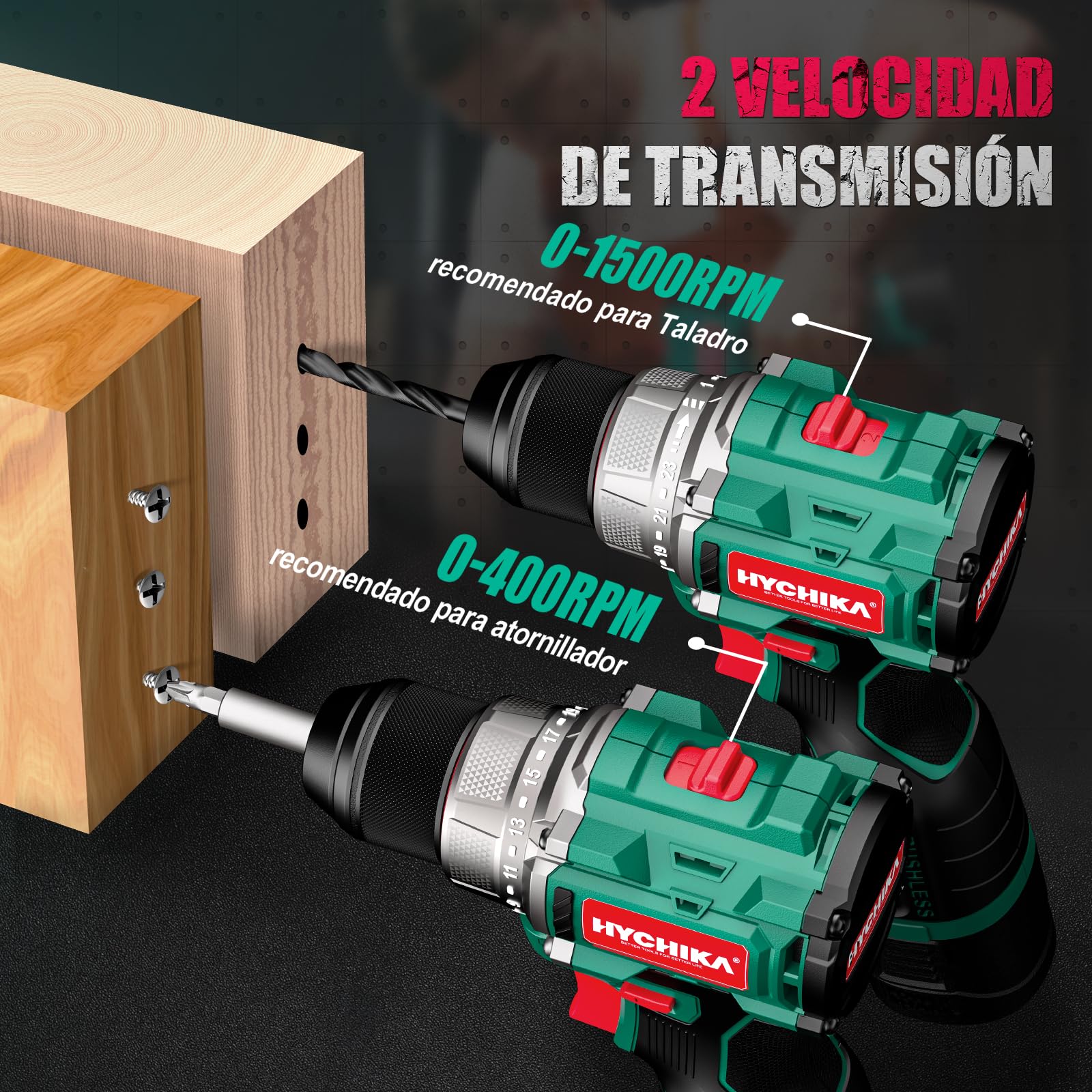 HYCHIKA Taladro atornillador batería, motor sin escobillas, 45Nm Máx, con 23+1 de par de giro, 2 velocidades, 1500mAh 53 accesorios Adecuado para atornillar, taladrar en madera, plástico, metal