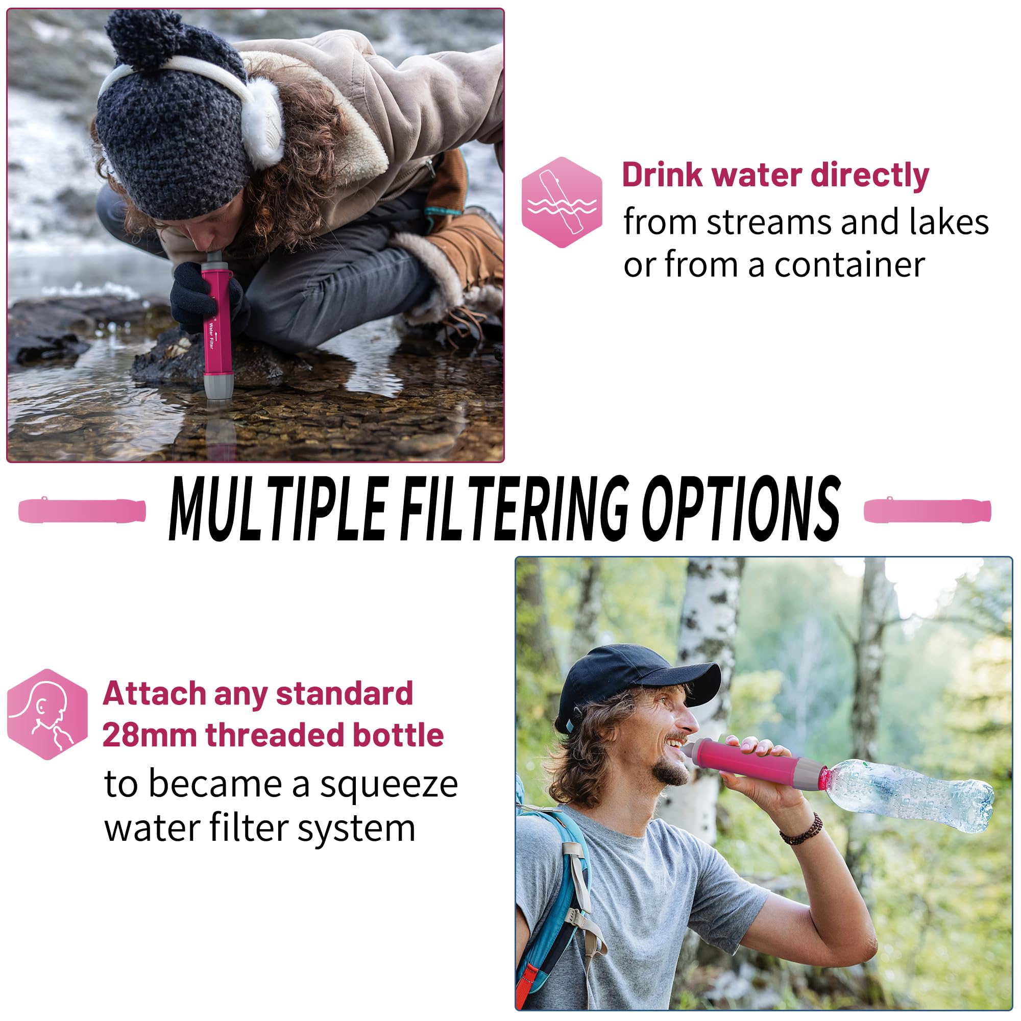Yuclet YWF01 Paja con filtro personal para beber, sistema de filtración de agua portátil, equipo de supervivencia y suministros para camping, senderismo, viajes y preparación