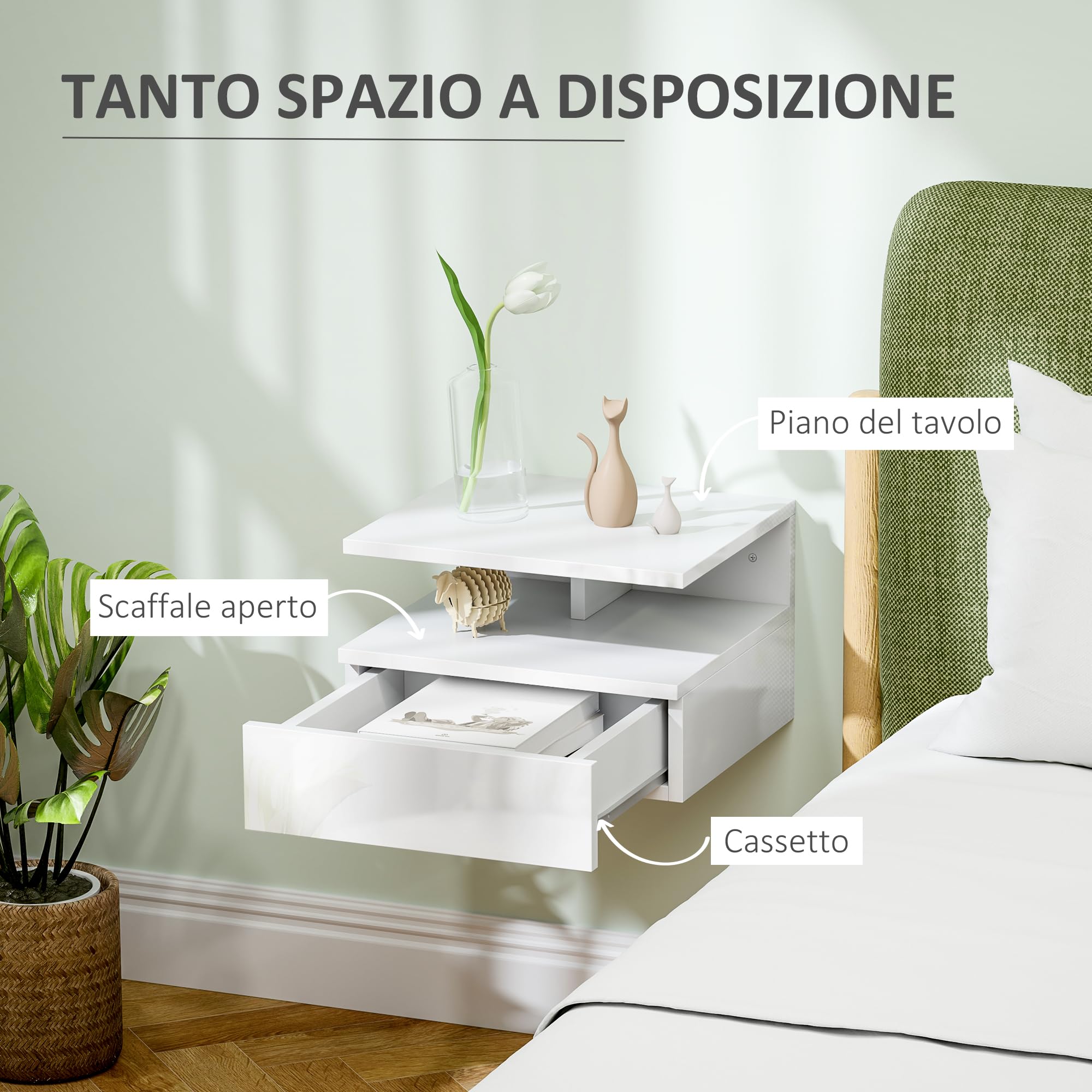 HOMCOM Comodino Sospeso per Camera da Letto con Cassetto e Ripiano Aperto, Comodino Moderno Salvaspazio in Legno, 35x32x22.5 cm, Bianco