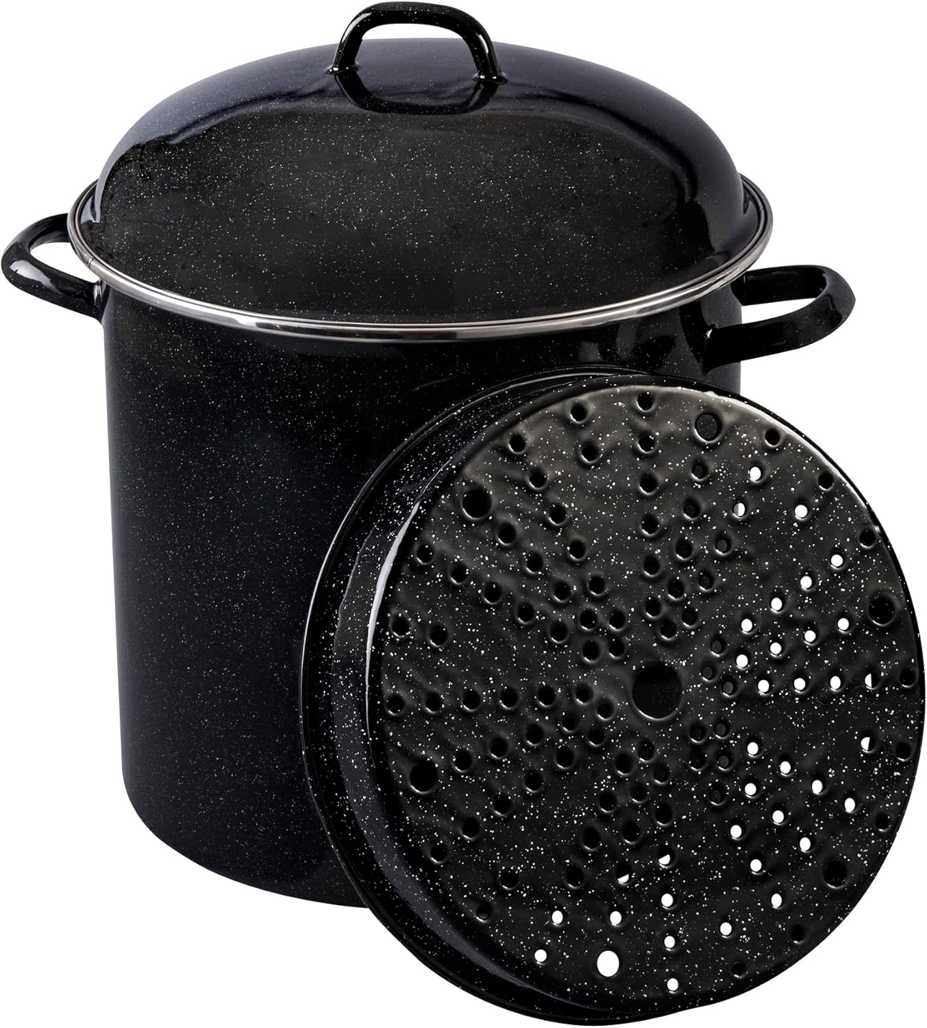 Granite Ware 15 Qt Heavy Gauge Seafood, Tamale, Steamer Pot with Lid and Trivet. (Speckled Black) Enamelware. Stainless Steel. Suitable for Cooktops, Oven to table. Dishwasher Safe. Incomplete 