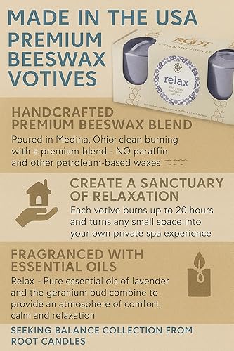 Miniatura 2 de Root Candles Velas votivas perfumadas Seeking Balance Velas de aromaterapia de spa de 20 horas, 3 unidades, Relax Geranium Lavender