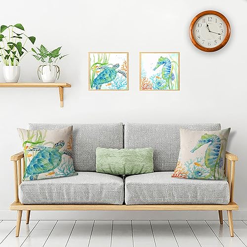 Miniatura 4 de Juego de 4 fundas de almohada costeras de 18 x 18 pulgadas, diseño de océano, para exteriores, playa, temática de verano, tortuga, caballito de mar,