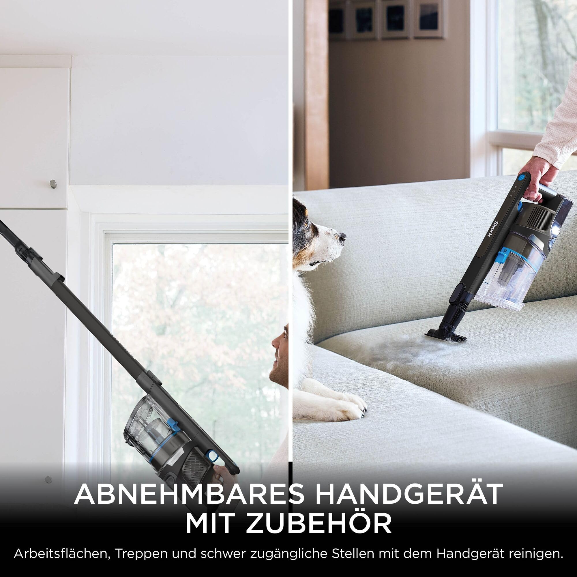Shark PowerPro Akku-Staubsauger freistehend, bis 50 Min. Laufzeit, kabellos, beutellos, für Tierhaare, Allergiker, Teppich und Hartböden, mit LED-Licht und Knickgelenk-Rohr, IZ370EU