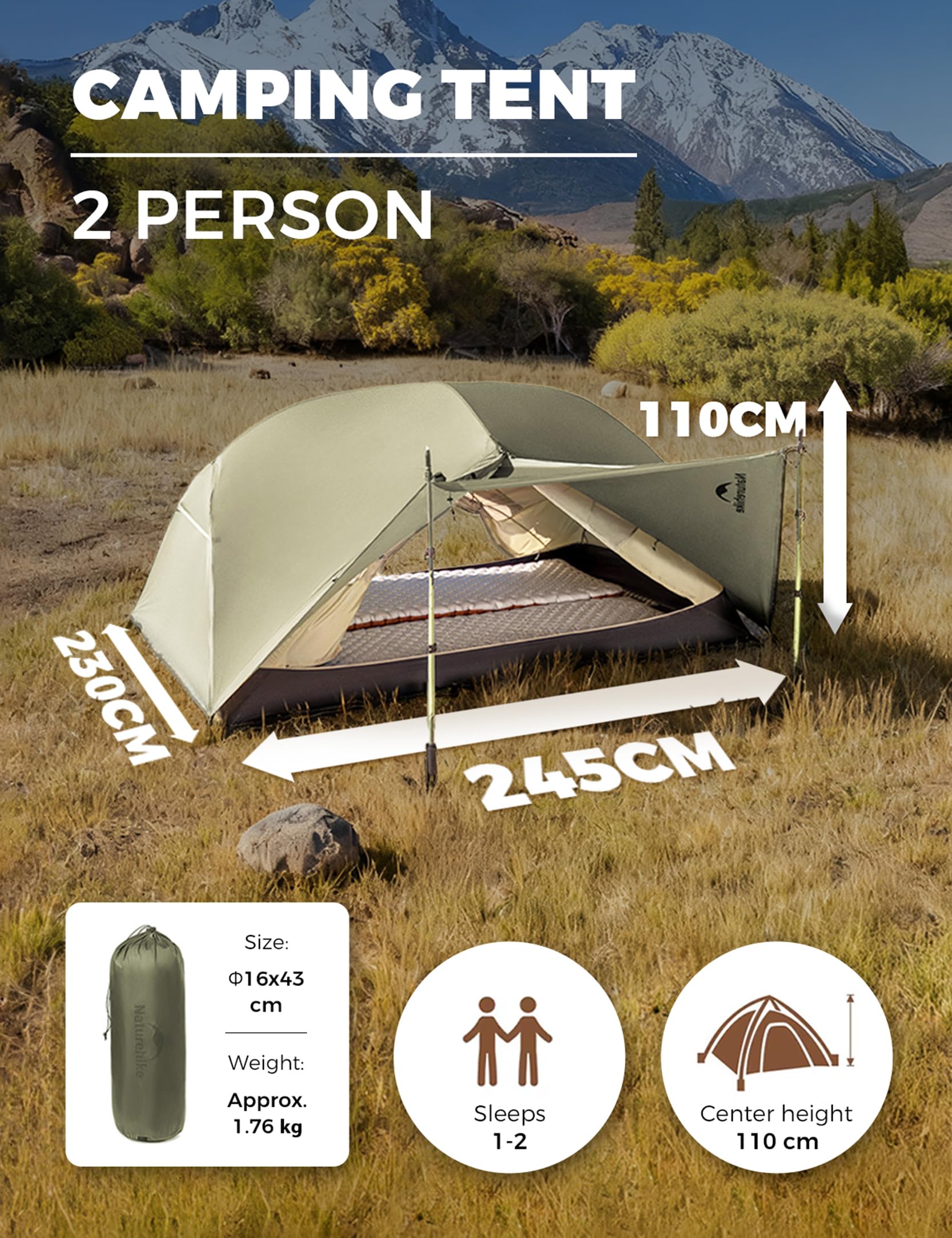 Naturehike Mongar Pro Tente de trekking ultra légère autoportante 20D | Tente autoportante 3 saisons en silnylon 20D avec PU3000 mm, seulement 1,46 kg et variantes de montage polyvalentes.