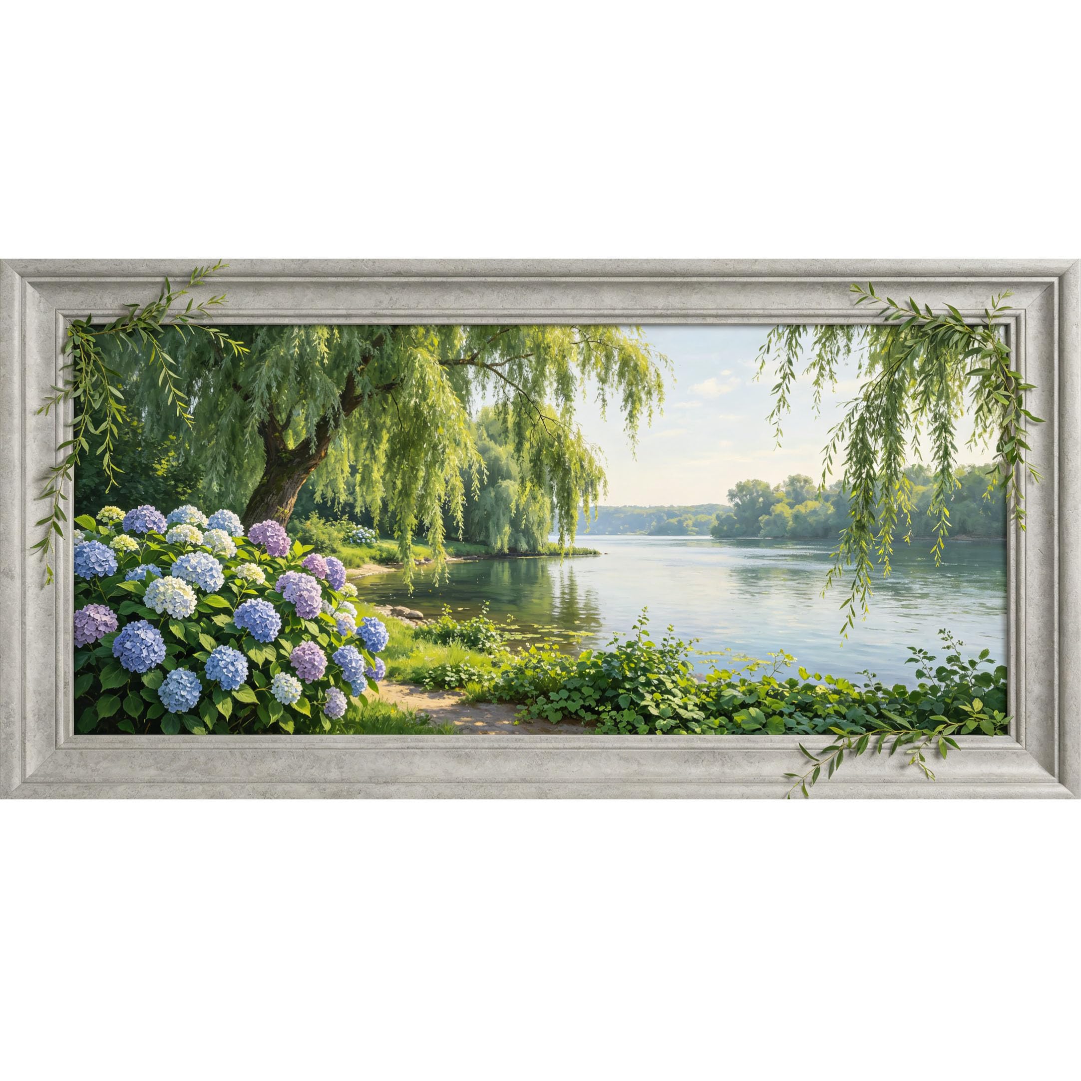 Agglomerix 3D Framed Wall Art Willow Hydrangea Lake Landscape Botanical Trompe l'oeil Large Size SelfAdhesive Removable Wall Decor Prints Artwork for Living Room Bedroom Office