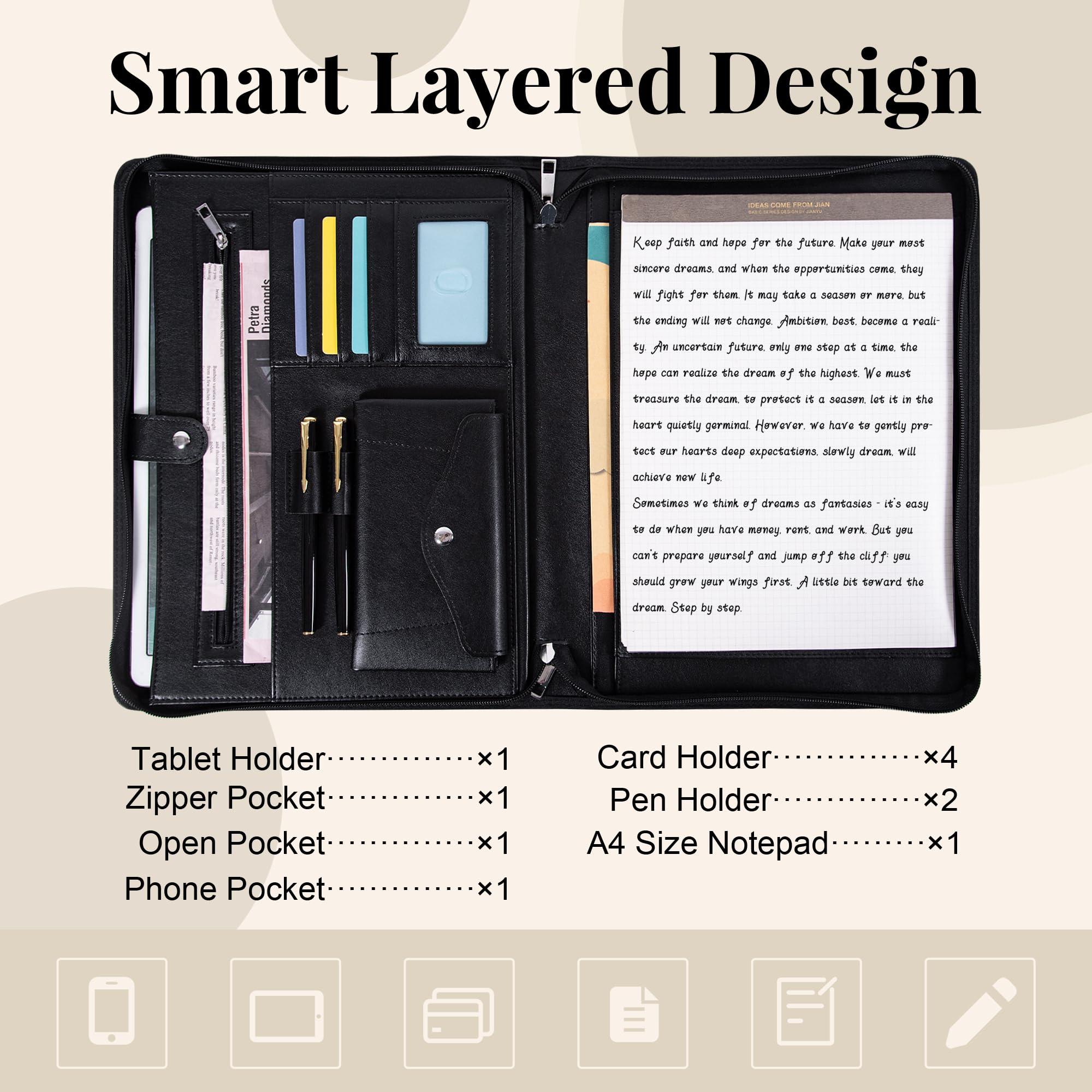 Calfinder Classeur portfolio avec poignée et fermeture éclair, en cuir pour homme et femme, organiseur de portefeuille avec porte-cartes de visite et poches, format lettre, bloc-notes A4