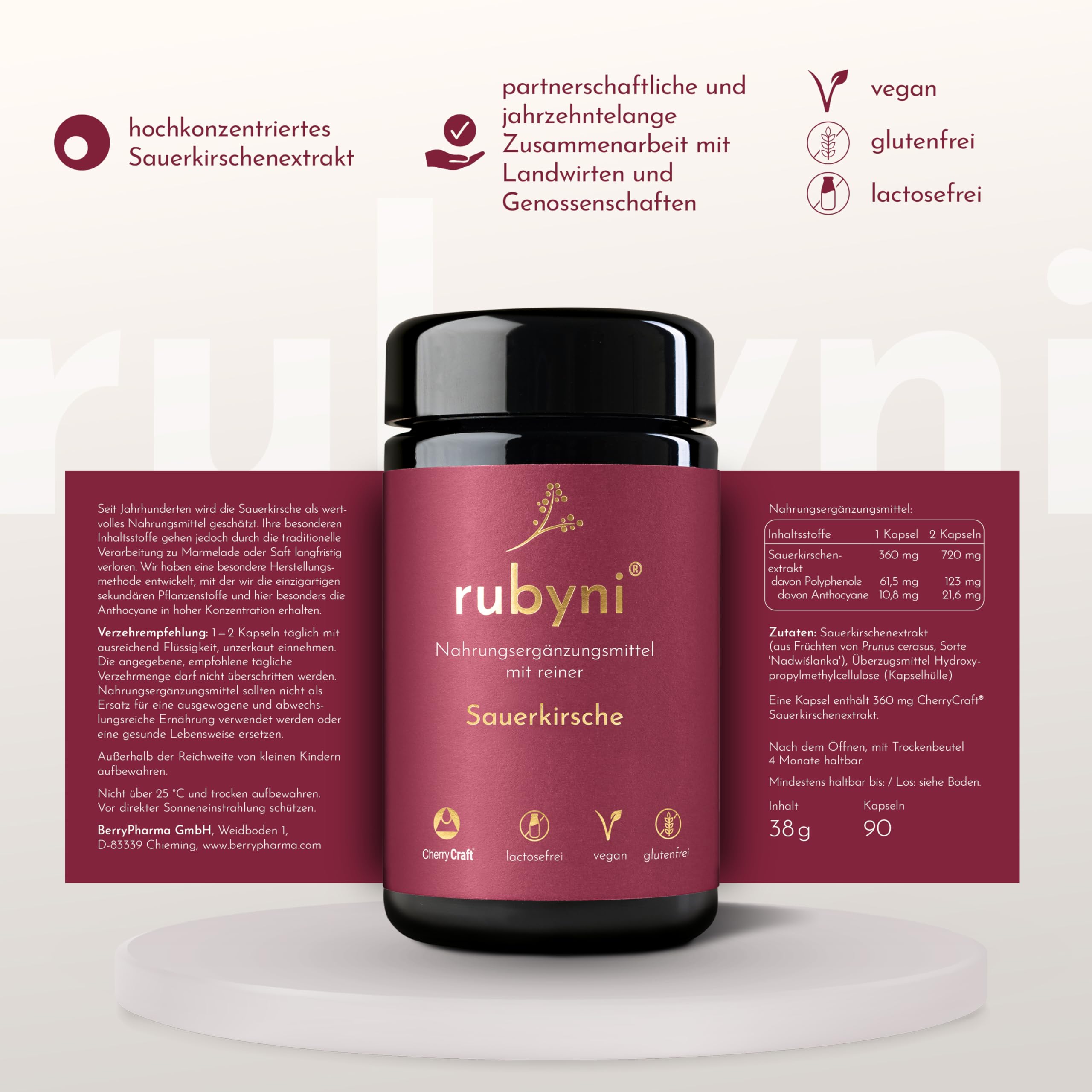 Sauerkirsche - 90 Kapseln - Vegan, gluten- & laktosefrei | 360mg Sauerkirschenextrakt pro Kapsel (= 112.000mg Kirschen pro Tagesdosis) - CherryCraft - 100% Rein & Laborgeprüft