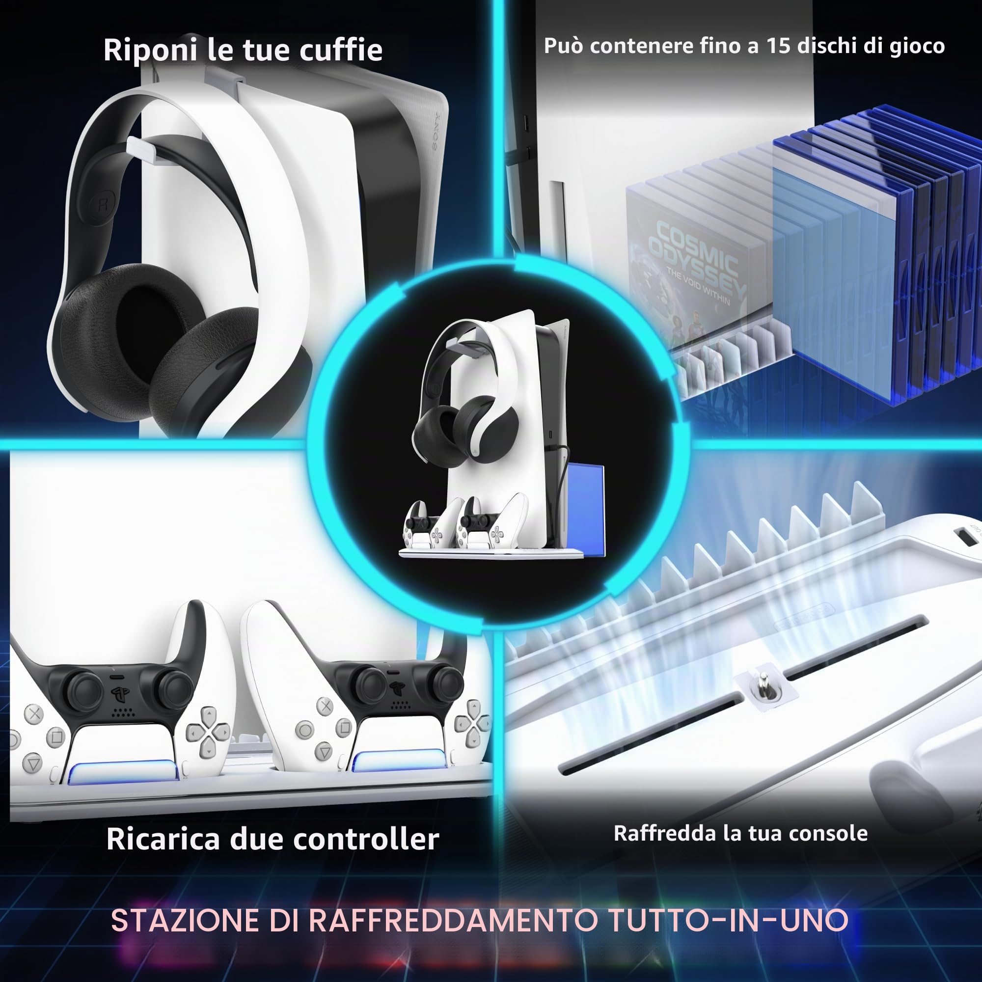 Fosmon - Soporte para PS5 y PS5 Slim e Raffreddamento con Cargador Mando PS5-10 Slots di Gioco e Supporto per Cuffie - con Luce LED RGB - Bianco