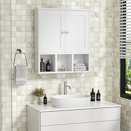 Miniatura 7 de Shintenchi Armario de pared de baño con puerta, organizador de almacenamiento sobre el inodoro, ahorro de espacio con estante ajustable y abierto,
