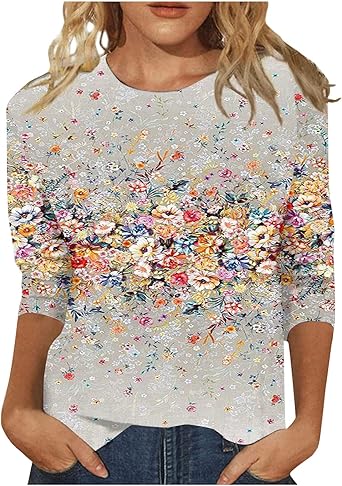 HTHLVMD Womens 3/4 Length Sleeve Tops 2025 Fall Fashion Floral Print Crewneck Causal Trendy Tunic Tops for Women