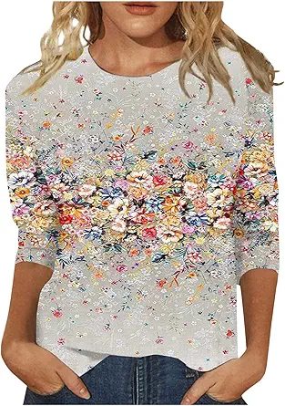 HTHLVMD Womens 3/4 Length Sleeve Tops 2025 Fall Fashion Floral Print Crewneck Causal Trendy Tunic Tops for Women