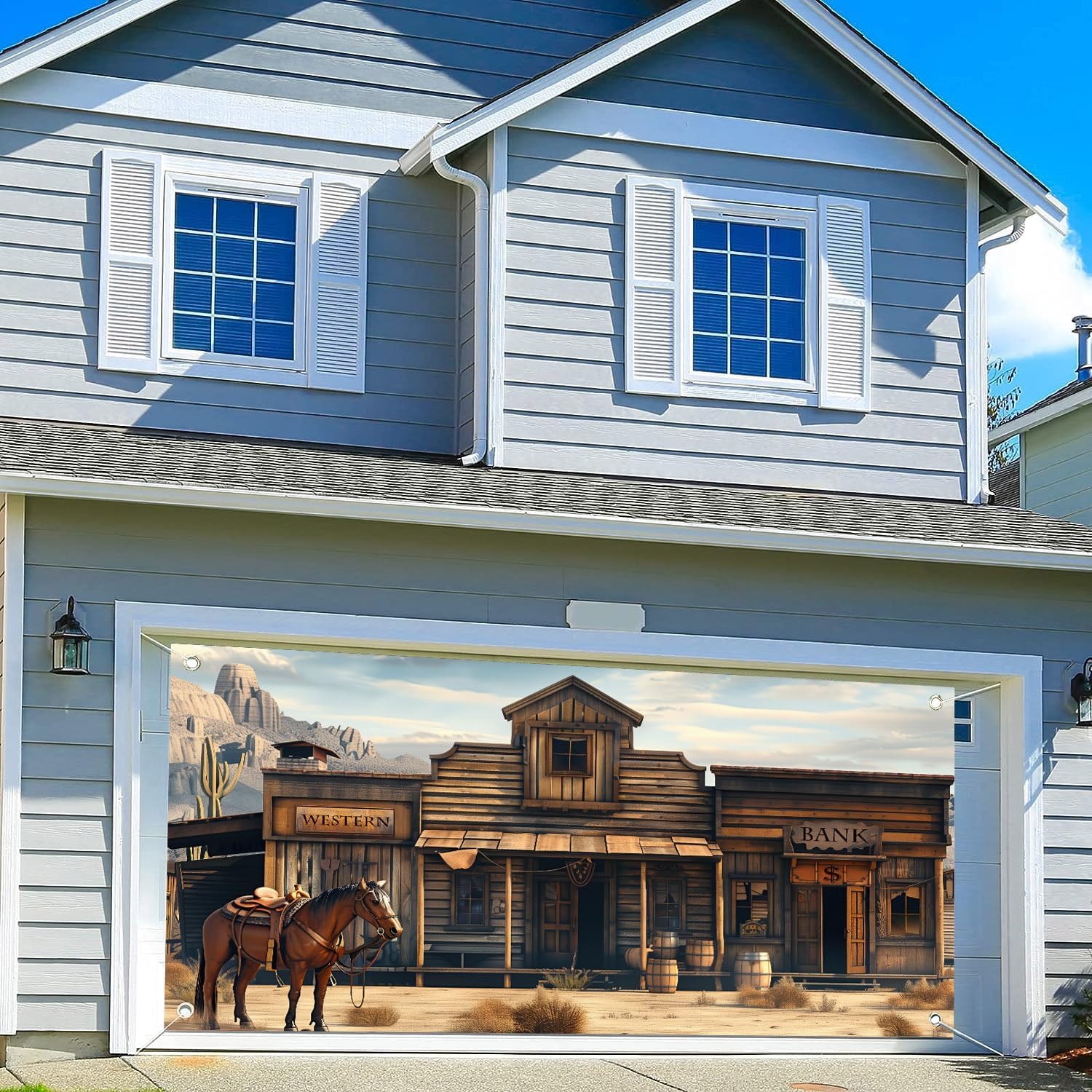 7X16ft Western Cowboy Bank Garage Door Decorations Cover, Vintage Wild West Wooden House Garage Door Background, Old Horse Barn Western Theme Party Outdoor Indoor Yard Decor Supplies