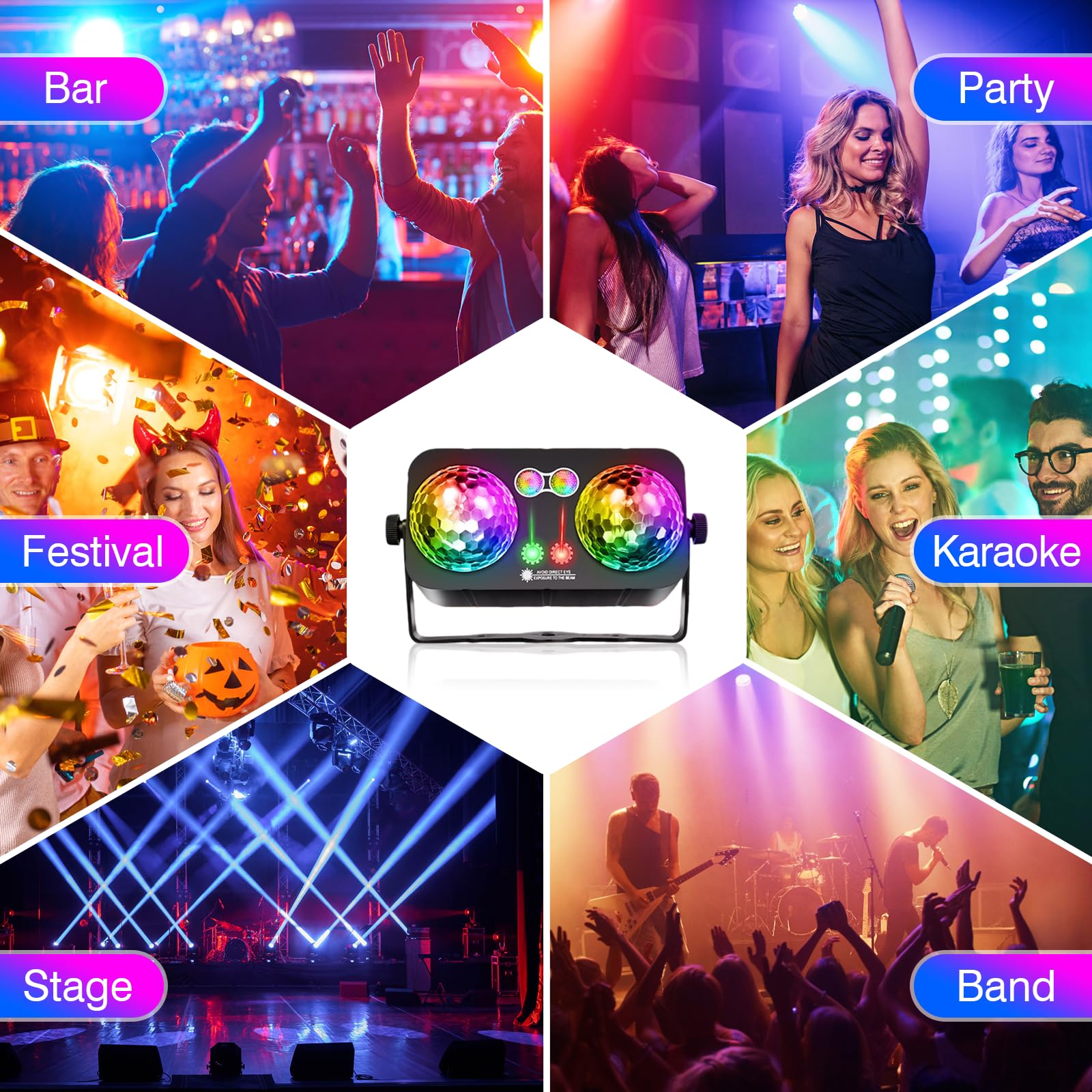 Tomshine 6 w 1 Oświetlenie Sceniczne LED – Lampa Imprezowa z Podwójną Kulką Disco, 64 Wzorami HD, UV, Migawką, Timerdem i Pilotem (idealna do urodzin, ślubów i dekoracji)