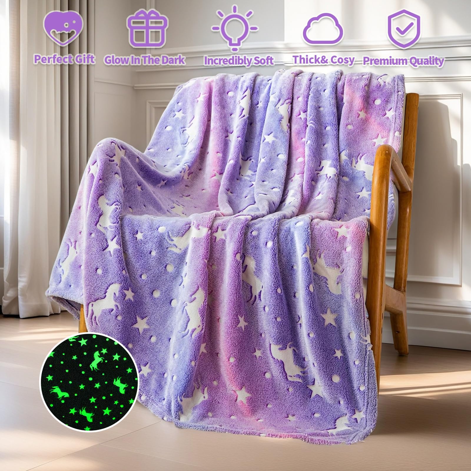 HSGLGNA Coperta per bambini, con unicorno, luce al buio, idea regalo per ragazze, super morbida e calda, coperta da letto, con unicorno, colore: rosa (Viola, 150 x 200 cm)