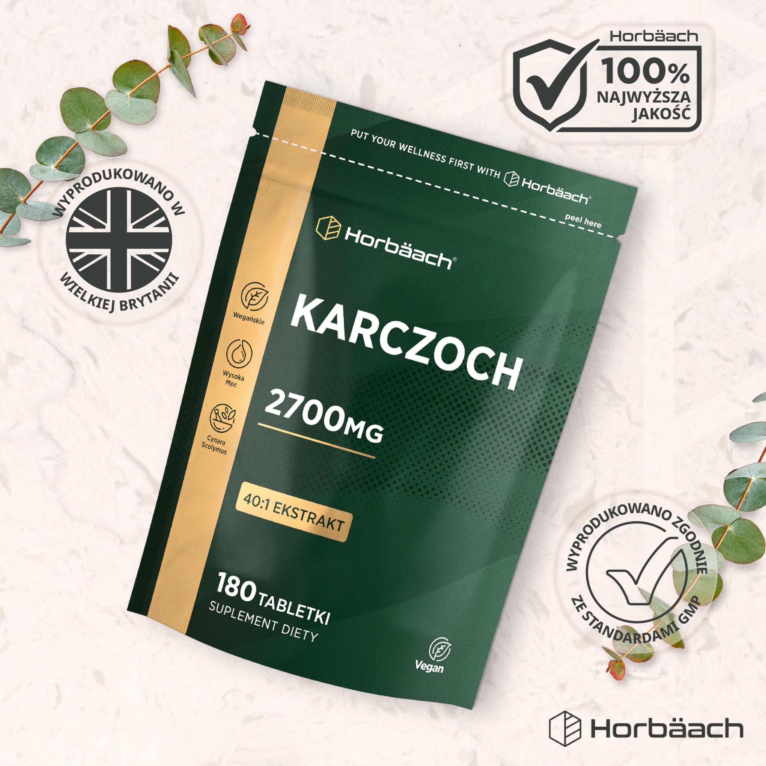 Karczoch Tabletki 2700mg | Wysokiej Mocy Ekstrakt z Karczocha | 180 Tabletek Wegańskich | marki Horbaach