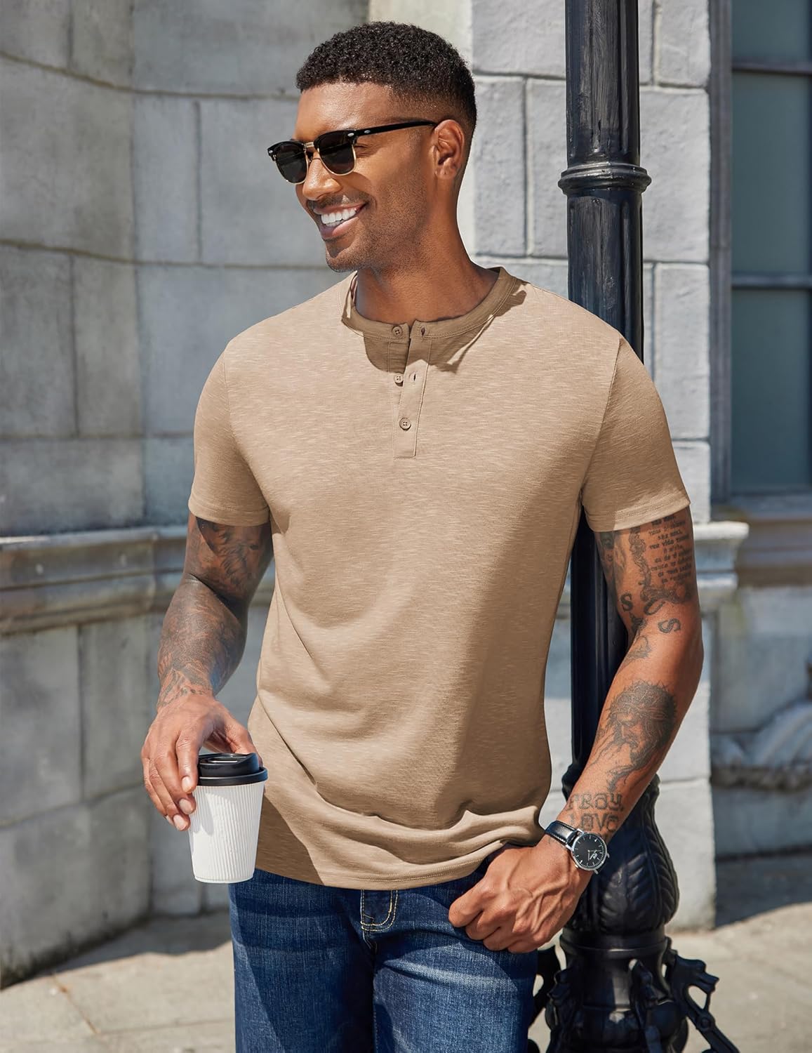 COOFANDY Men's Short Sleeve Henley Shirts Casual Summer Stretch T-Shirts Tee Apricot - Image 2