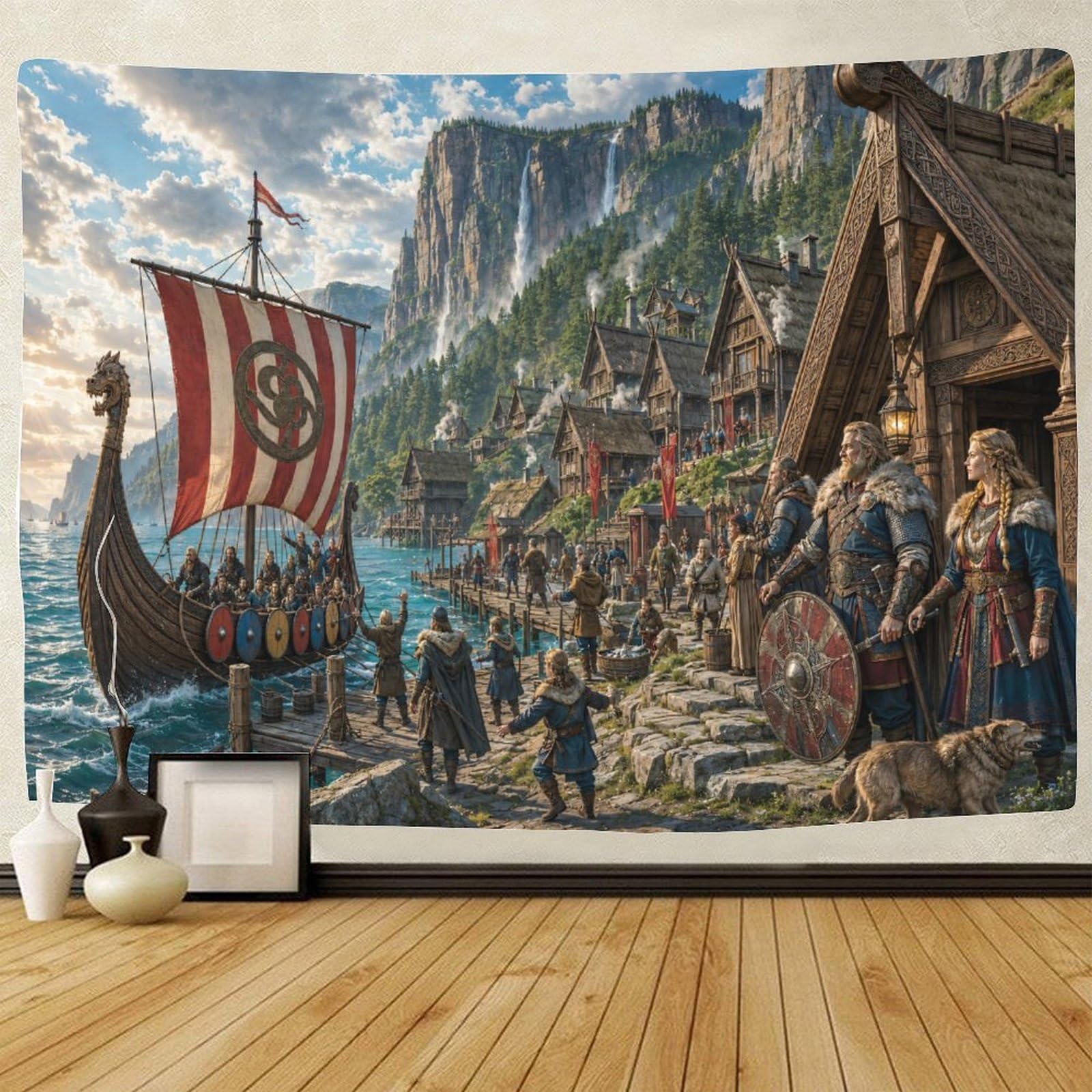 ASDFGHJKLZA Viking Longship Nordic Fjord Village Wall Art Decor 3D Print Wall Tapestry Tapestries Home Decoration Curtain Bedroom Dorm 100cmx150cm