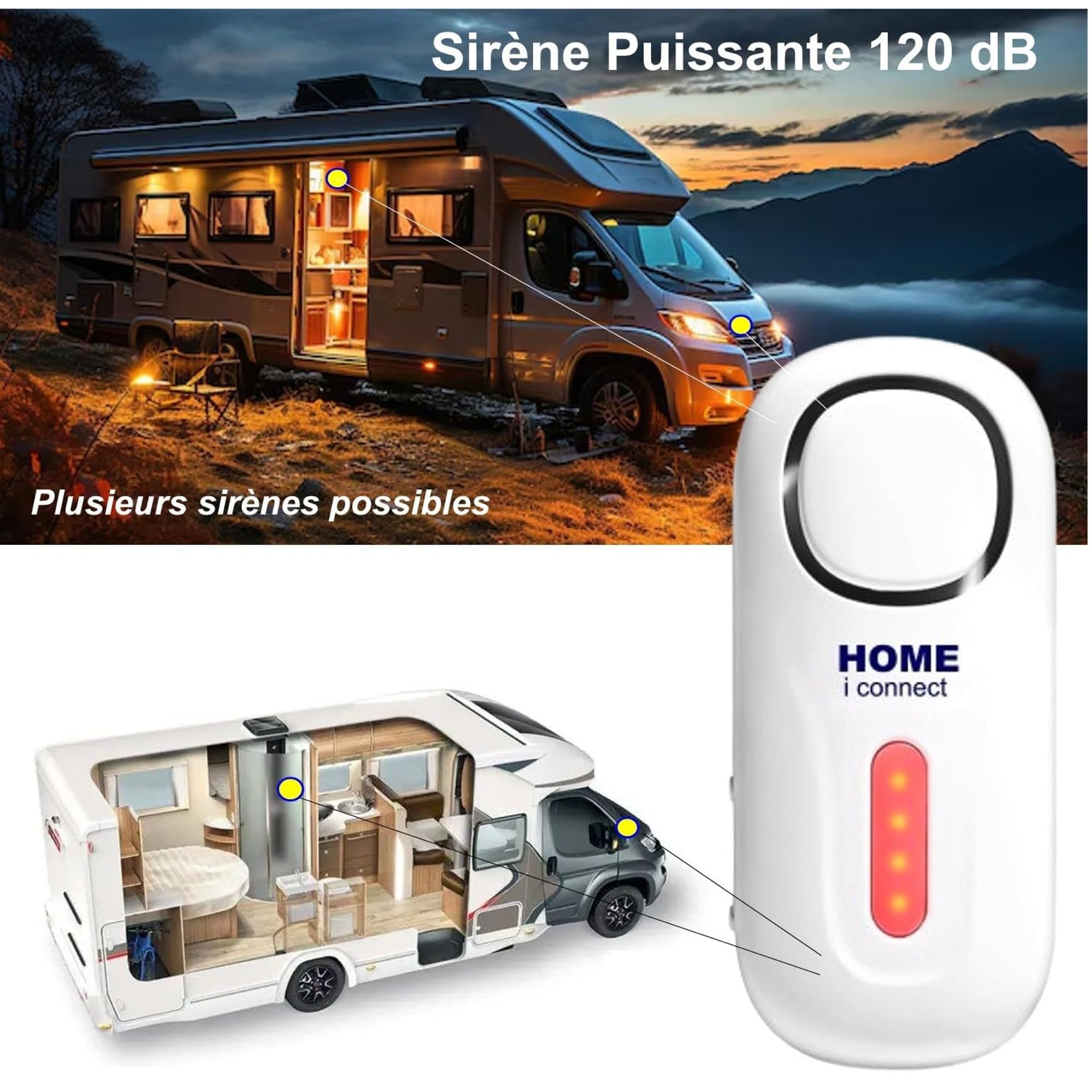 Nouveau - Alarme de Camping Car - 100% Autonome - Alimentation par Piles - Sirène Puissante avec 4 détecteurs d'ouverture et 1 de Mouvement.