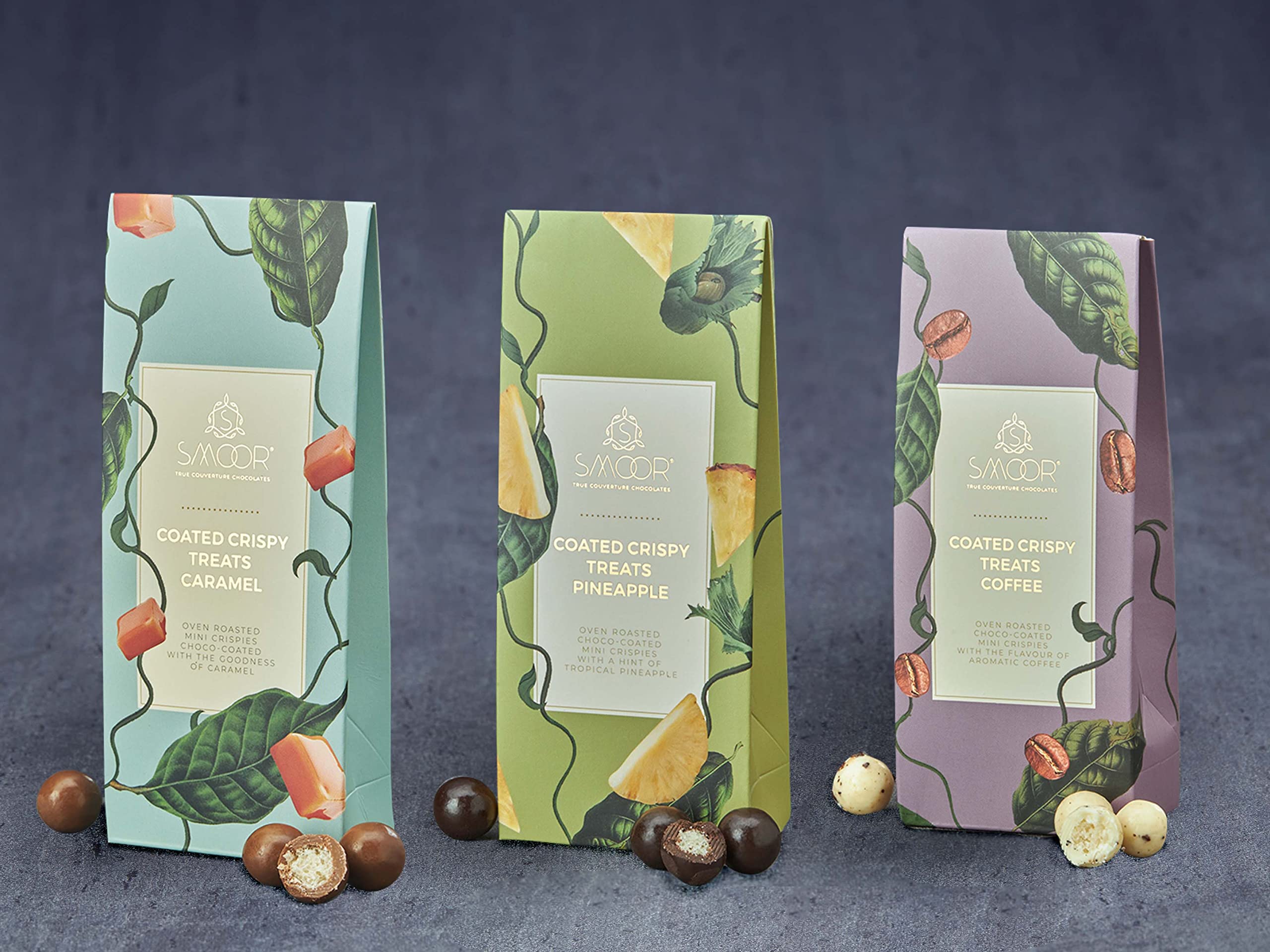 Smoor Coated Crispy Snacking Treats Pack of 3 - Coffee, Pineapple, Caramel | Gourmet Snacking | 50 gm x 3 | for Baking, Snacking, Gifting