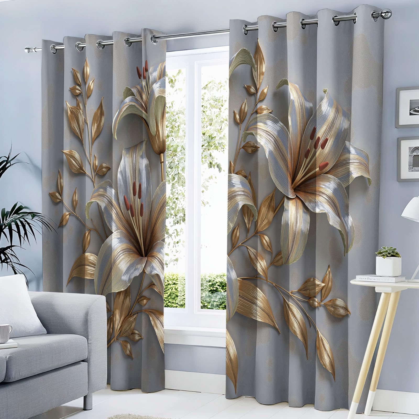 Rideau occultant gris à motif lys argenté de luxe pour grand salon chic